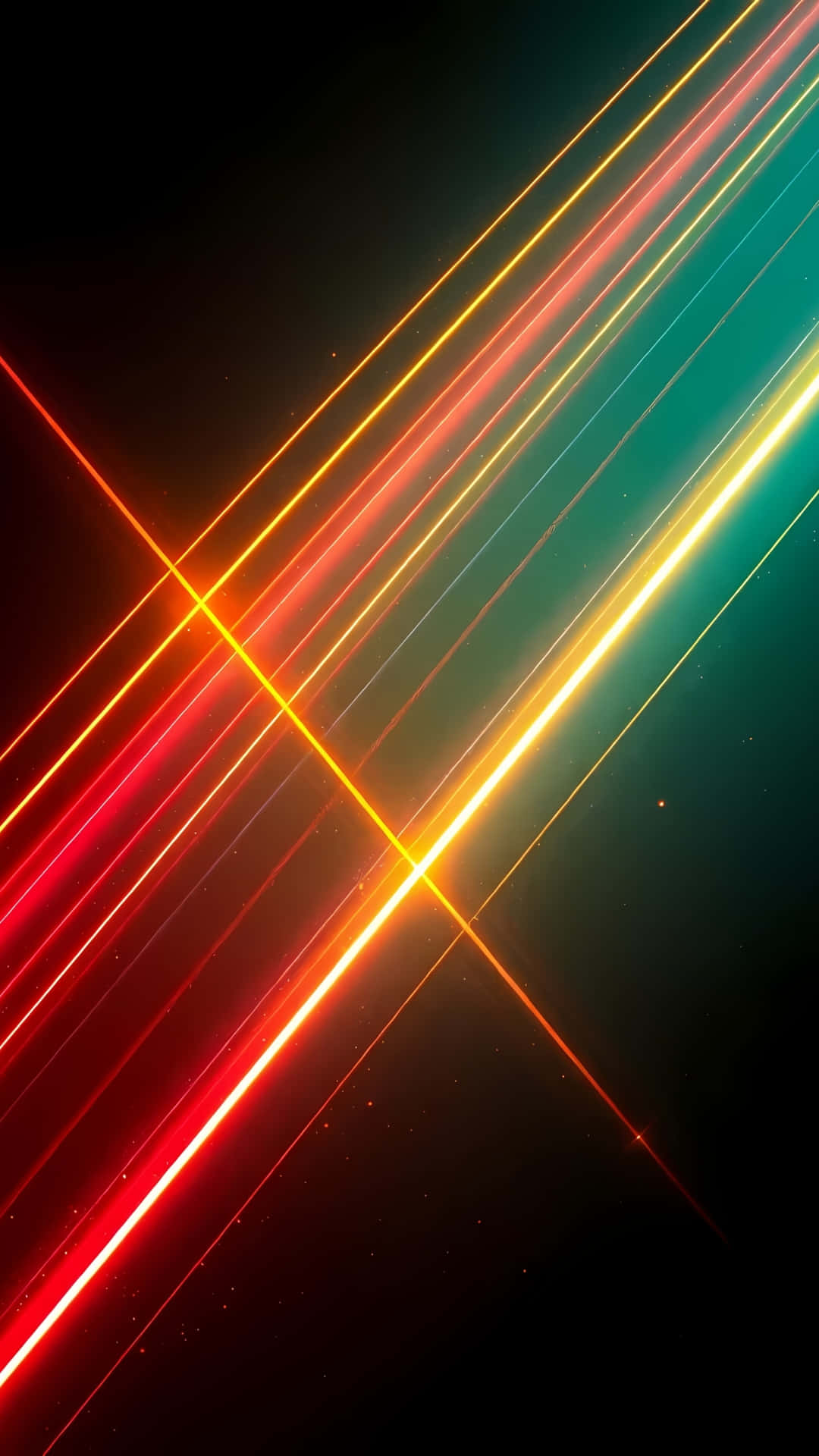 Abstract Speed Neon Light Lines 壁紙 — 充滿活力的紅橙色和青綠色的對角線光條劃過深邃的黑色宇宙虛空，帶有微小的星點。