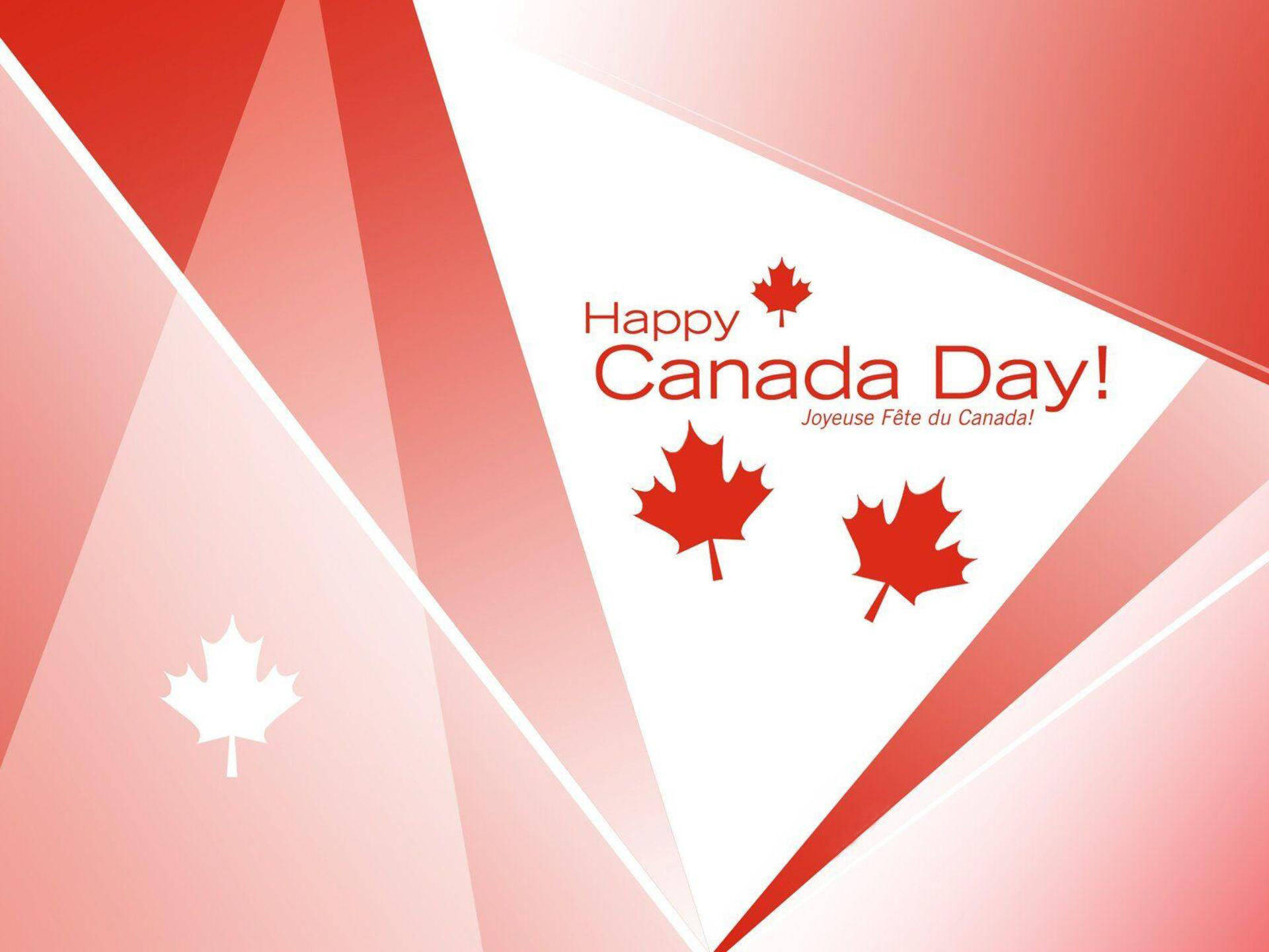 Canada Day 桌布 壁紙 — 充滿活力的紅白幾何設計，以大膽的楓葉圖標和雙語節日文字慶祝加拿大國慶日。