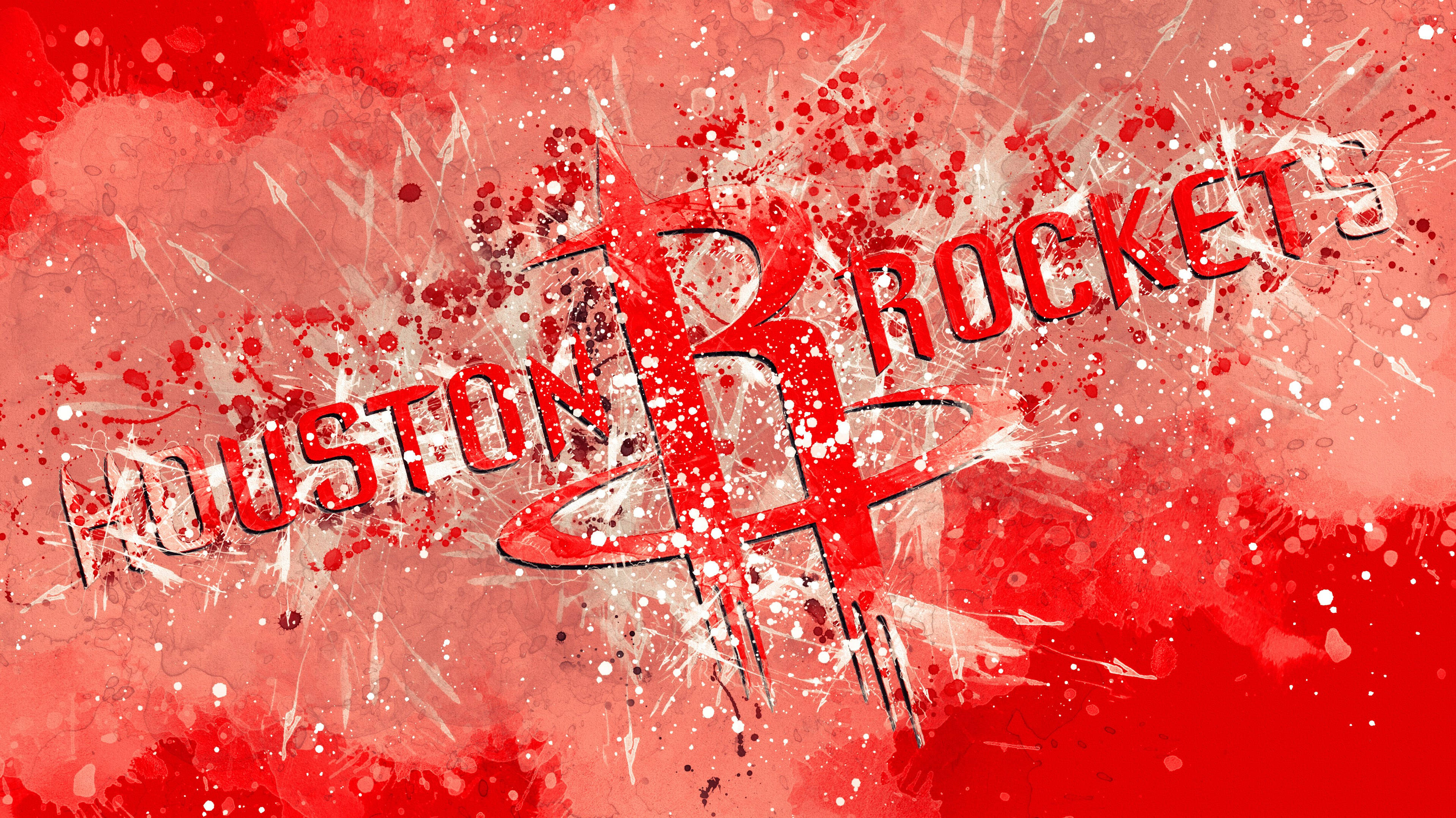 Houston Rockets 桌布 壁紙 — 充滿活力的紅白潑墨藝術作品， featuring 休士頓火箭隊標誌、粗體文字和充滿活力的筆觸。