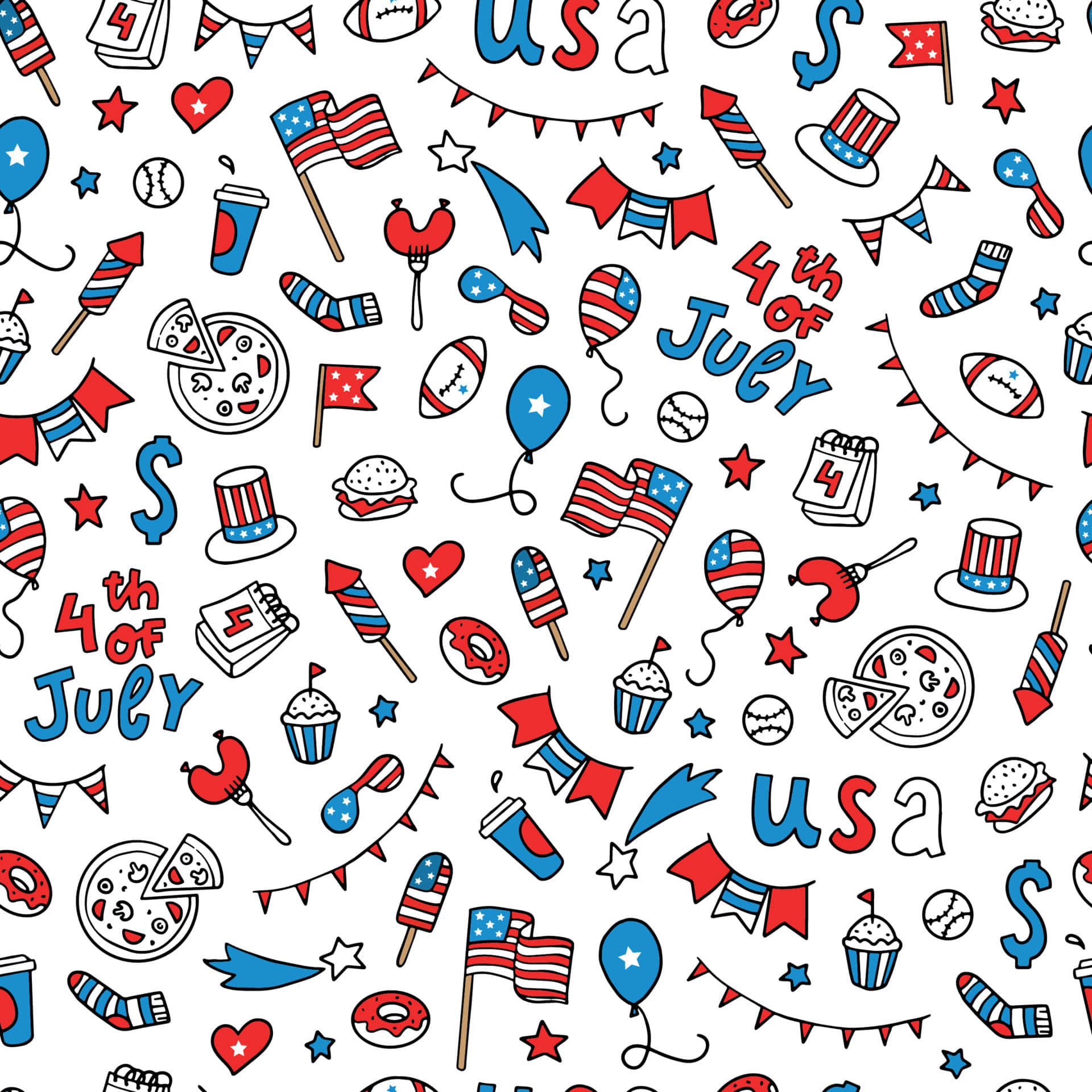 Cute 4th Of July 桌布 壁紙 — 充滿活力的紅白藍無縫圖案，以旗幟、氣球和節日食物圖標慶祝7月4日。