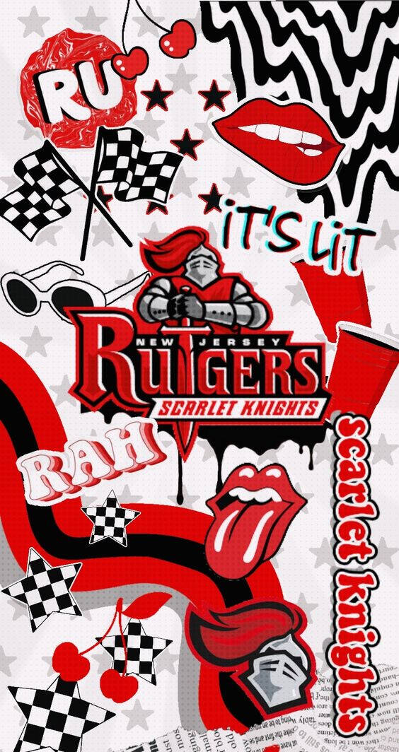 美學 桌布 壁紙 — 充滿活力的紅白黑拼貼畫， featuring Rutgers Scarlet Knights 標誌、格子旗、嘴唇和櫻桃，背景是星空。