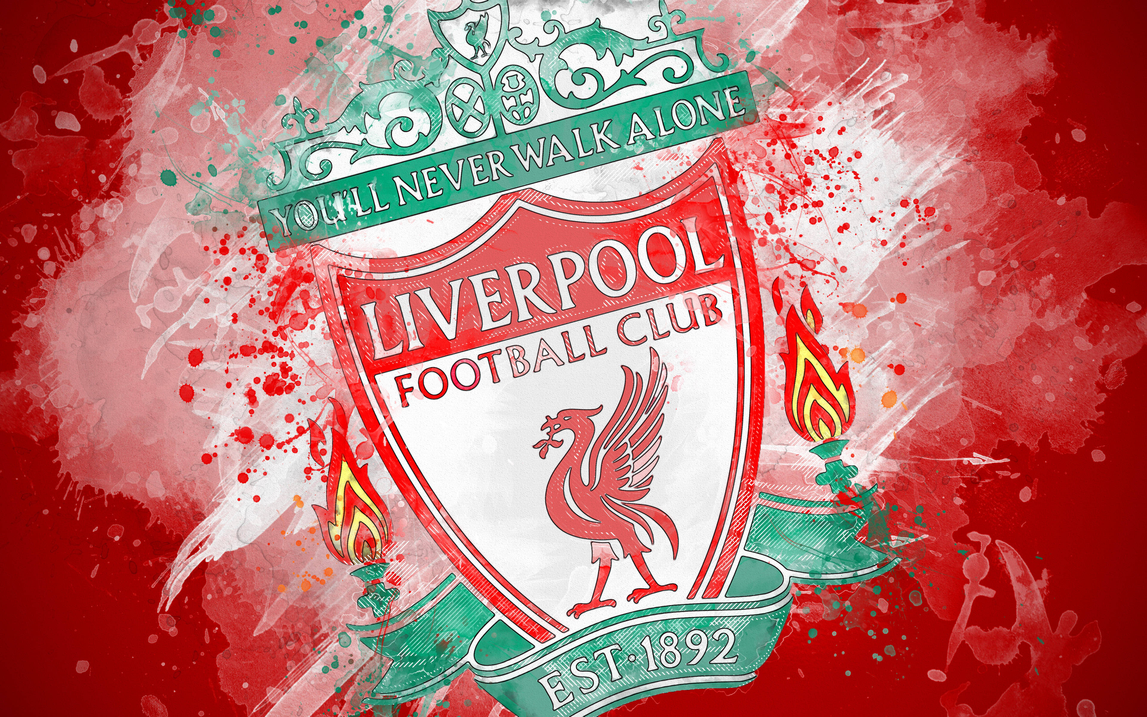 Liverpool Fc 桌布 壁紙 — 充滿活力的紅綠色利物浦足球俱樂部徽章，帶有火焰火炬和潑漆效果，背景大膽。