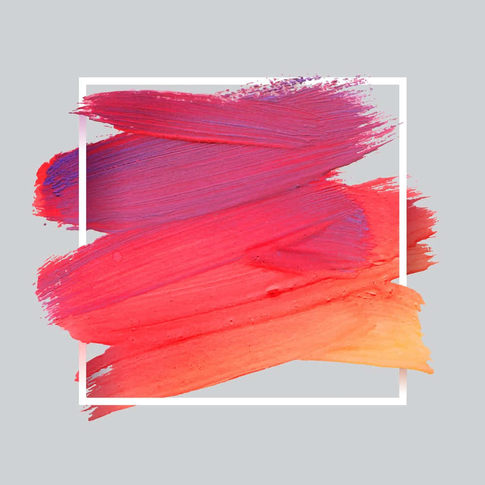 Brush Stroke 桌布 壁紙 — 充滿活力的紅色、橙色和紫色筆觸，分層在淺灰色背景上的白色正方形內。