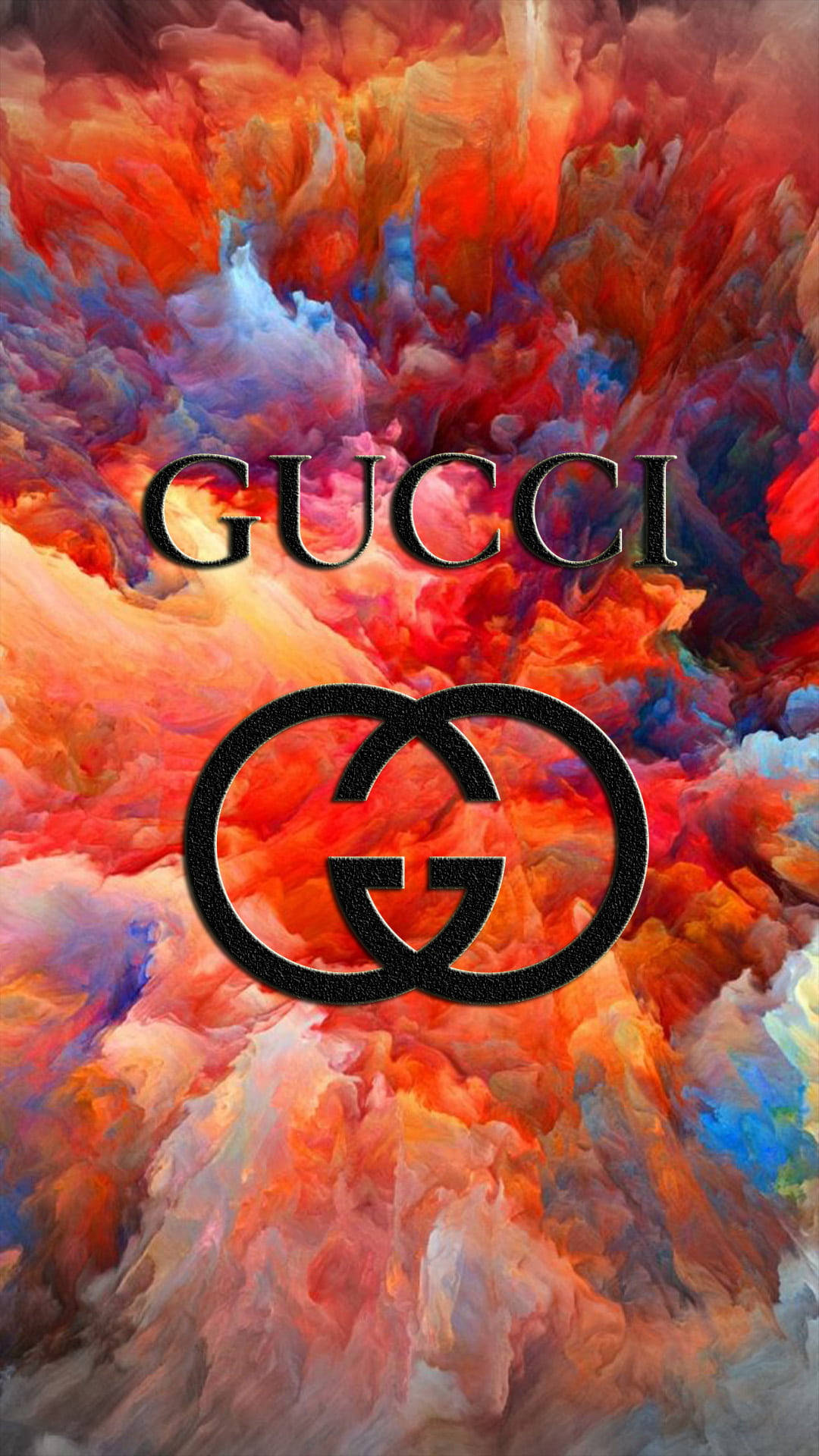Gucci iPhone 桌布 壁紙 — 充滿活力的紅色、橙色和藍色抽象漩渦在標誌性的 Gucci 標誌和雙 G 標誌背後爆發。