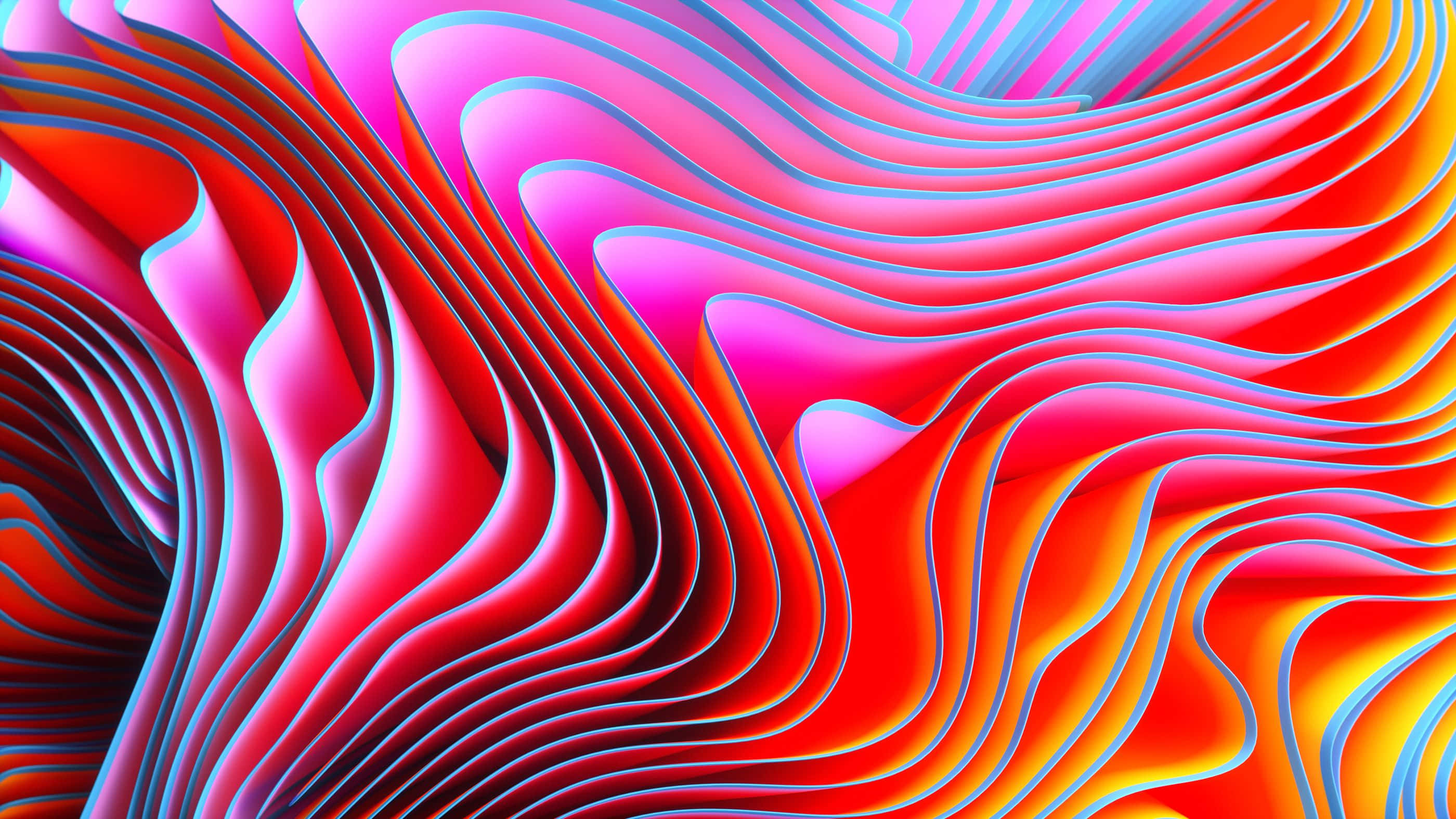 Swirl 桌布 壁紙 — 充滿活力的紅色、粉紅色和橙色抽象波浪，帶有發光的藍色輪廓，形成動態的數位圖案。