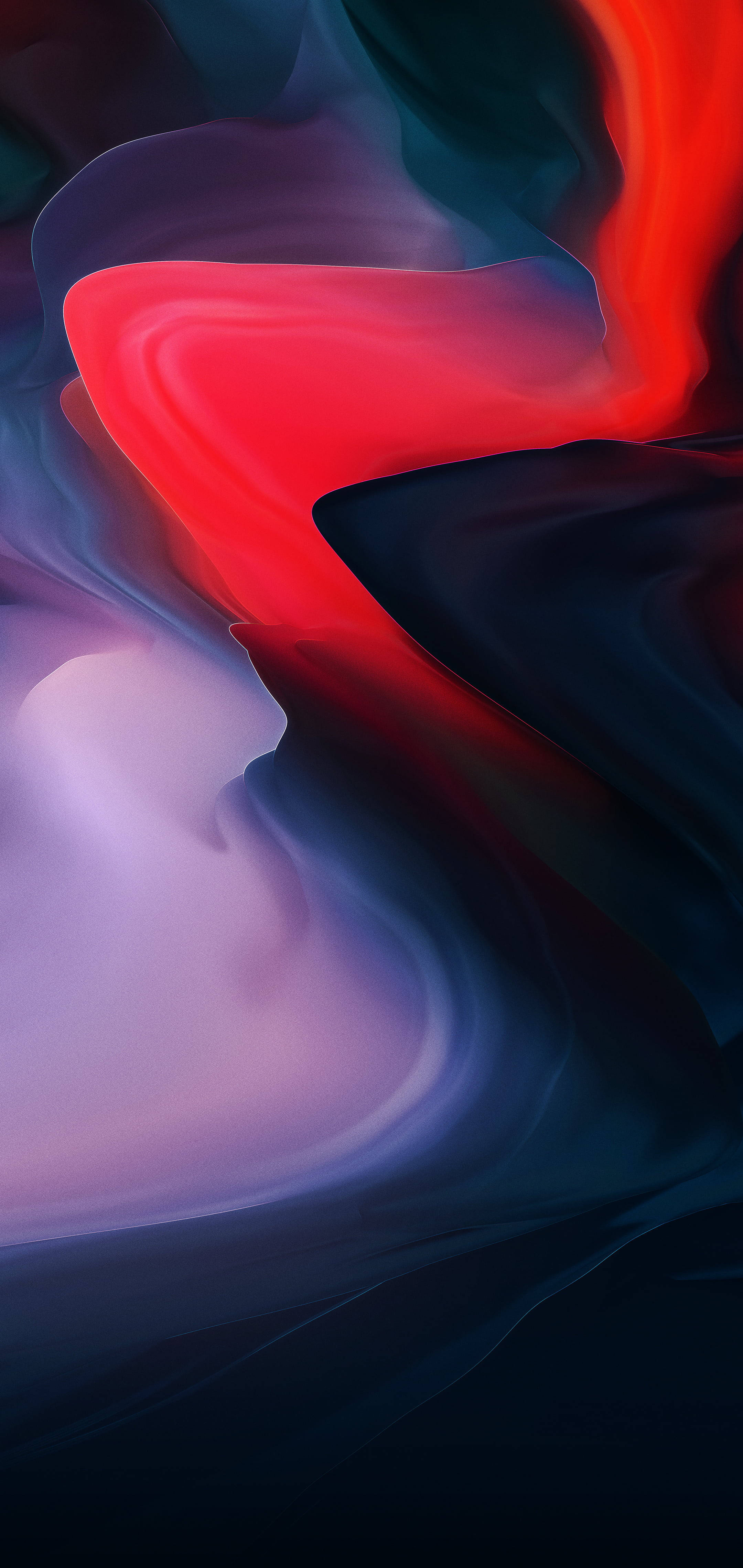 Paint Art 桌布 壁紙 — 充滿活力的紅色、紫色和深藍色抽象漩渦，像液體光一樣在畫布上流動。
