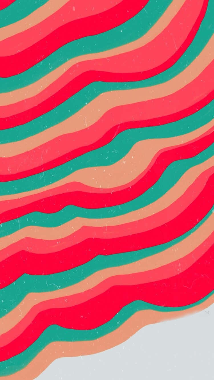 Groovy 桌布 壁紙 — 充滿活力的紅色、藍綠色和桃色波浪條紋沿對角線流過紋理背景。