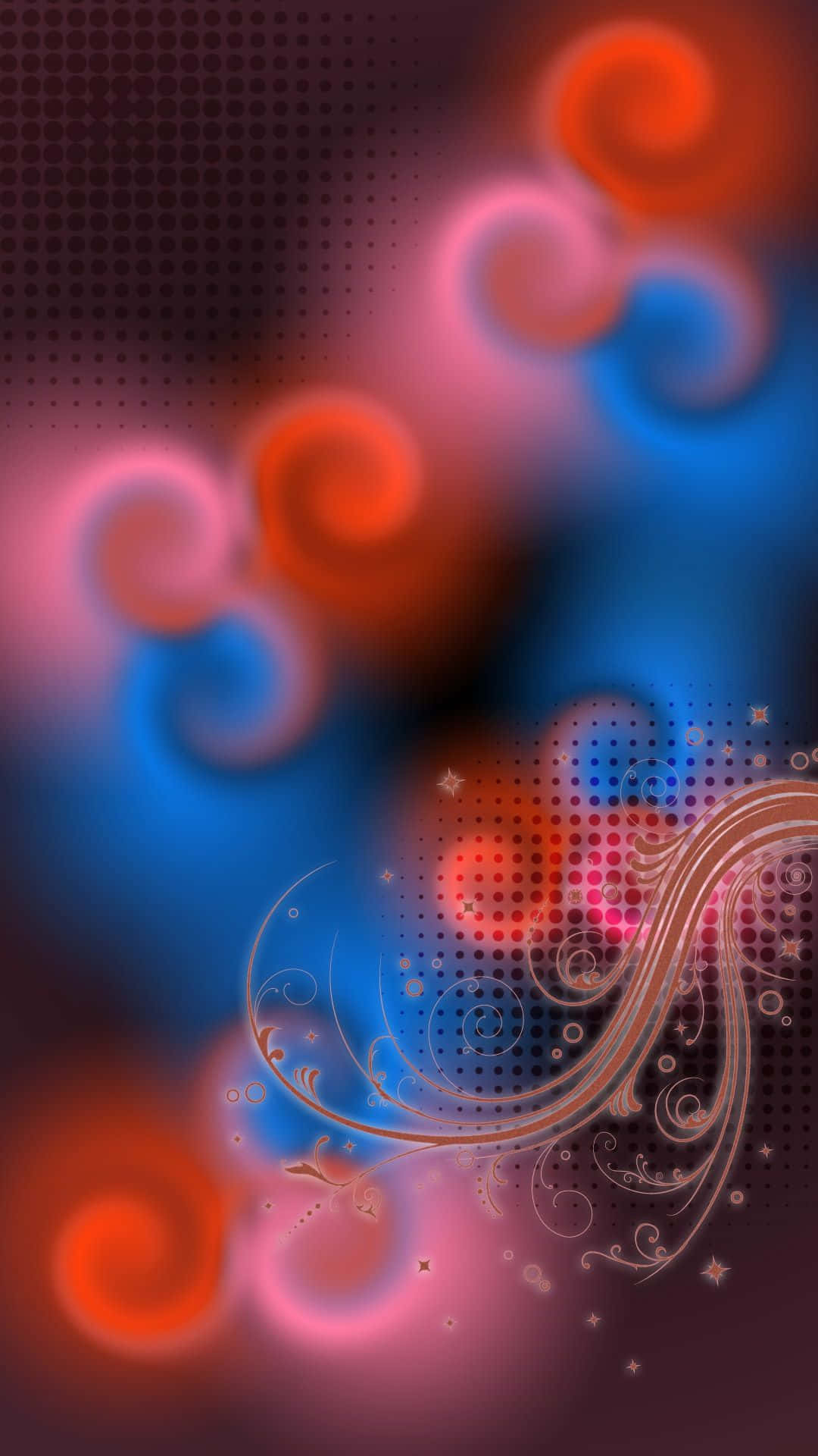Overlay 桌布 壁紙 — 充滿活力的紅色、藍色和粉紅色抽象漩渦在帶有優雅金色花絲點綴的點狀深色背景上發光。