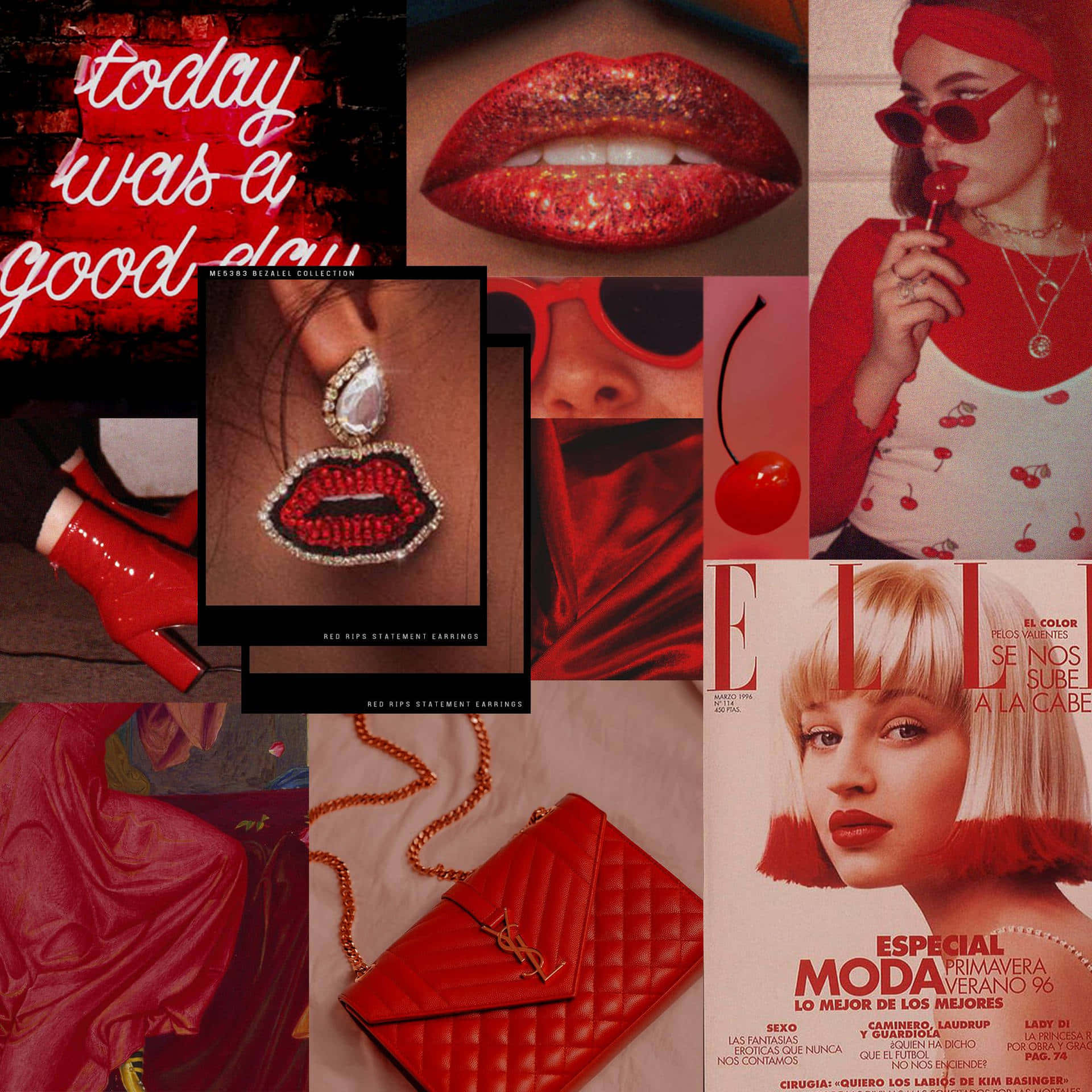 Pastel Red Aesthetic 桌布 壁紙 — 充滿活力的紅色主題拼貼畫，以閃粉嘴唇、櫻桃汽水、時尚配飾和雜誌封面為特色，採用大膽復古風格。