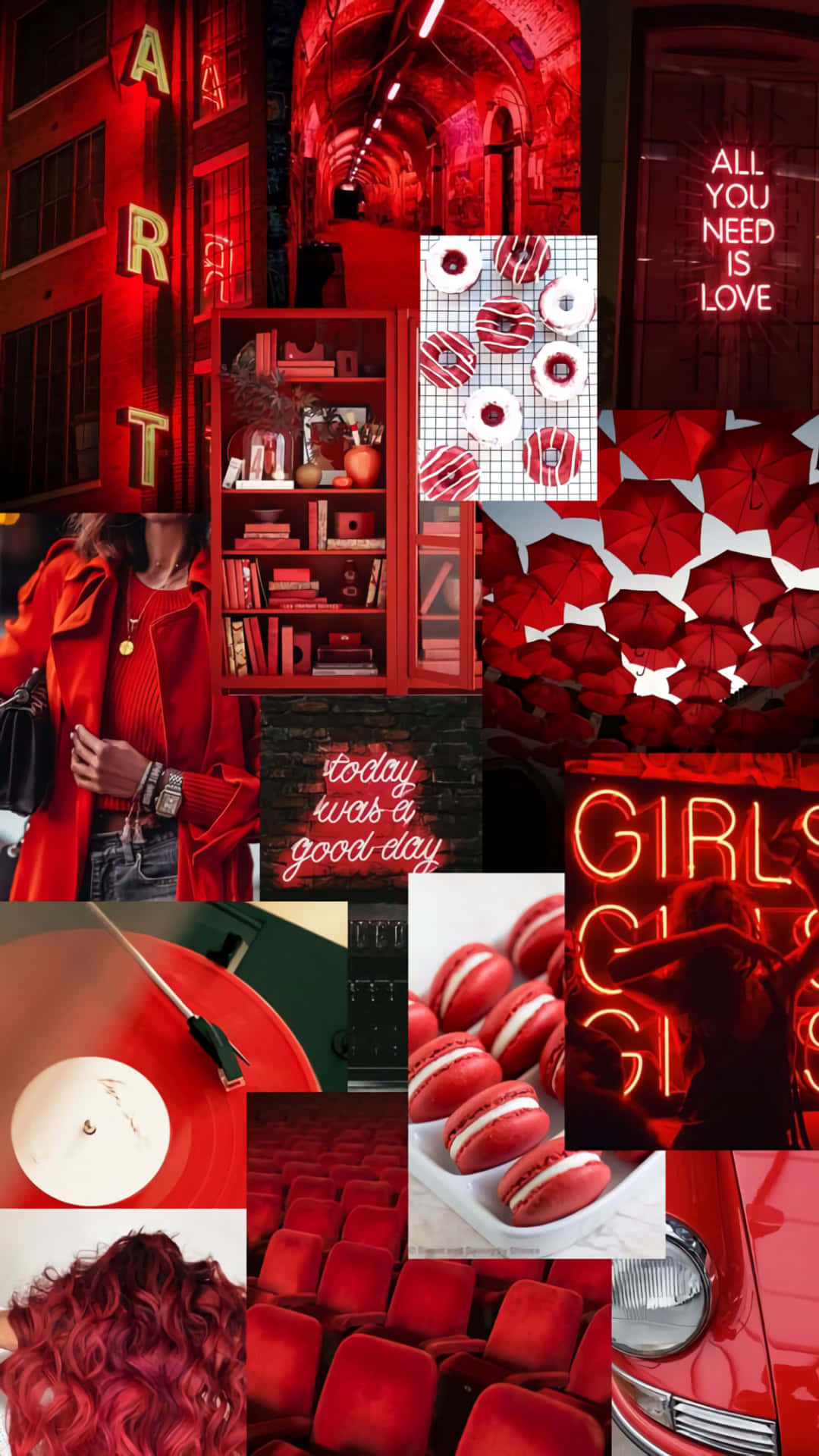 Red Collage 桌布 壁紙 — 充滿活力的紅色主題拼貼畫，包含霓虹燈牌、書籍、雨傘、馬卡龍和一位穿紅色外套的女性。