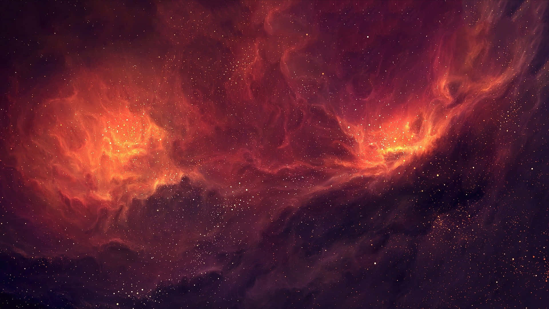 Red Space 桌布 壁紙 — 充滿活力的紅色和橙色宇宙星雲在深紫色虛空中與發光的星星一起旋轉。