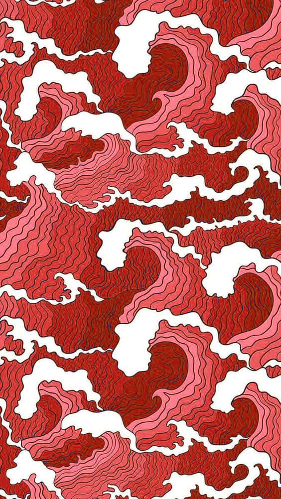 桌布 壁紙 — 充滿活力的紅色和粉紅色抽象波浪，搭配白色負空間，創造出動態的地形圖案。