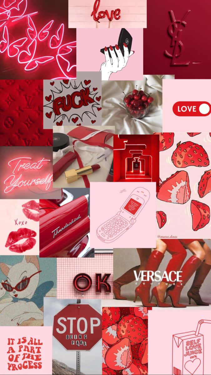 Soft Red Aesthetic 桌布 壁紙 — 充滿活力的紅色和粉紅色拼貼畫，包含愛情主題的物品，如霓虹燈、草莓、奢侈品牌和復古電話。