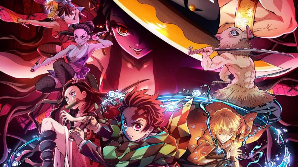 Demon Slayer Season 2 桌布 壁紙 — 充滿活力的紅色和紫色動態動漫角色，在旋轉的黑暗背景中，用發光的劍交鋒。