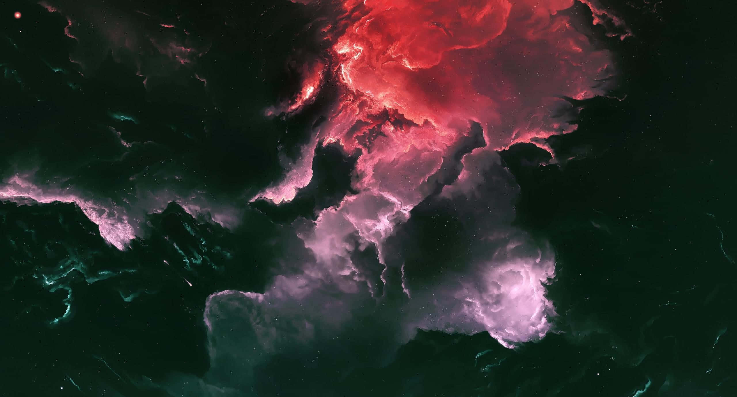 Black Clouds 桌布 壁紙 — 充滿活力的紅色和紫色宇宙星雲在黑暗的星空背景下旋轉，帶有發光的絲狀物。