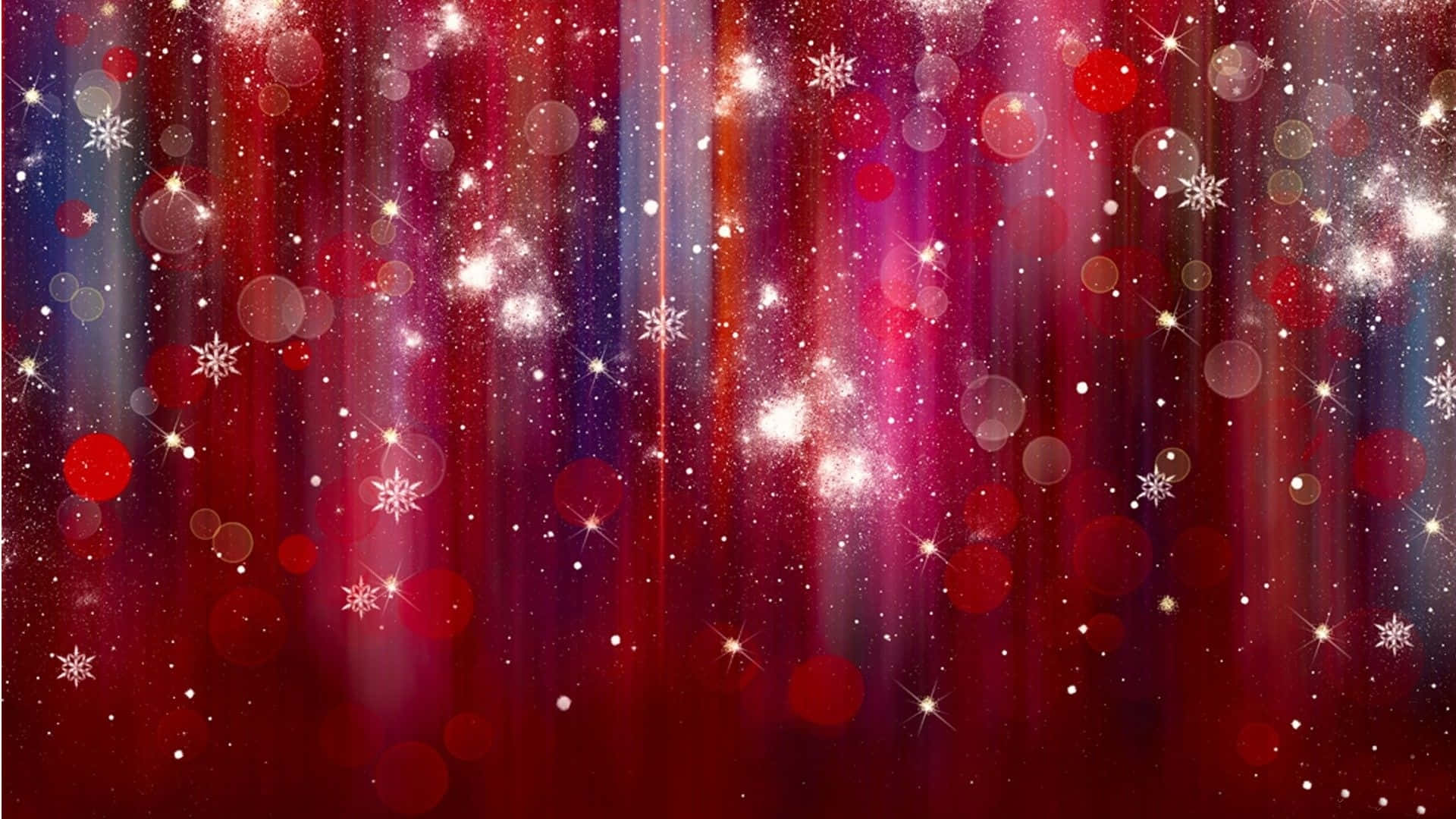 Red Glitter 桌布 壁紙 — 充滿活力的紅色和紫色窗簾背景，飾有閃閃發光的雪花和發光的散景燈光。