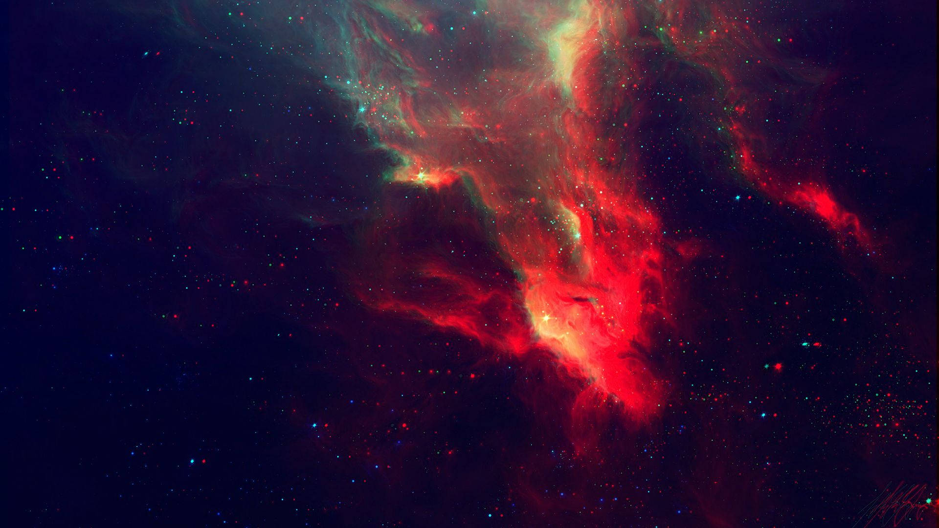 獨立 桌布 壁紙 — 充滿活力的紅色和藍綠色宇宙星雲在深空星場中旋轉。