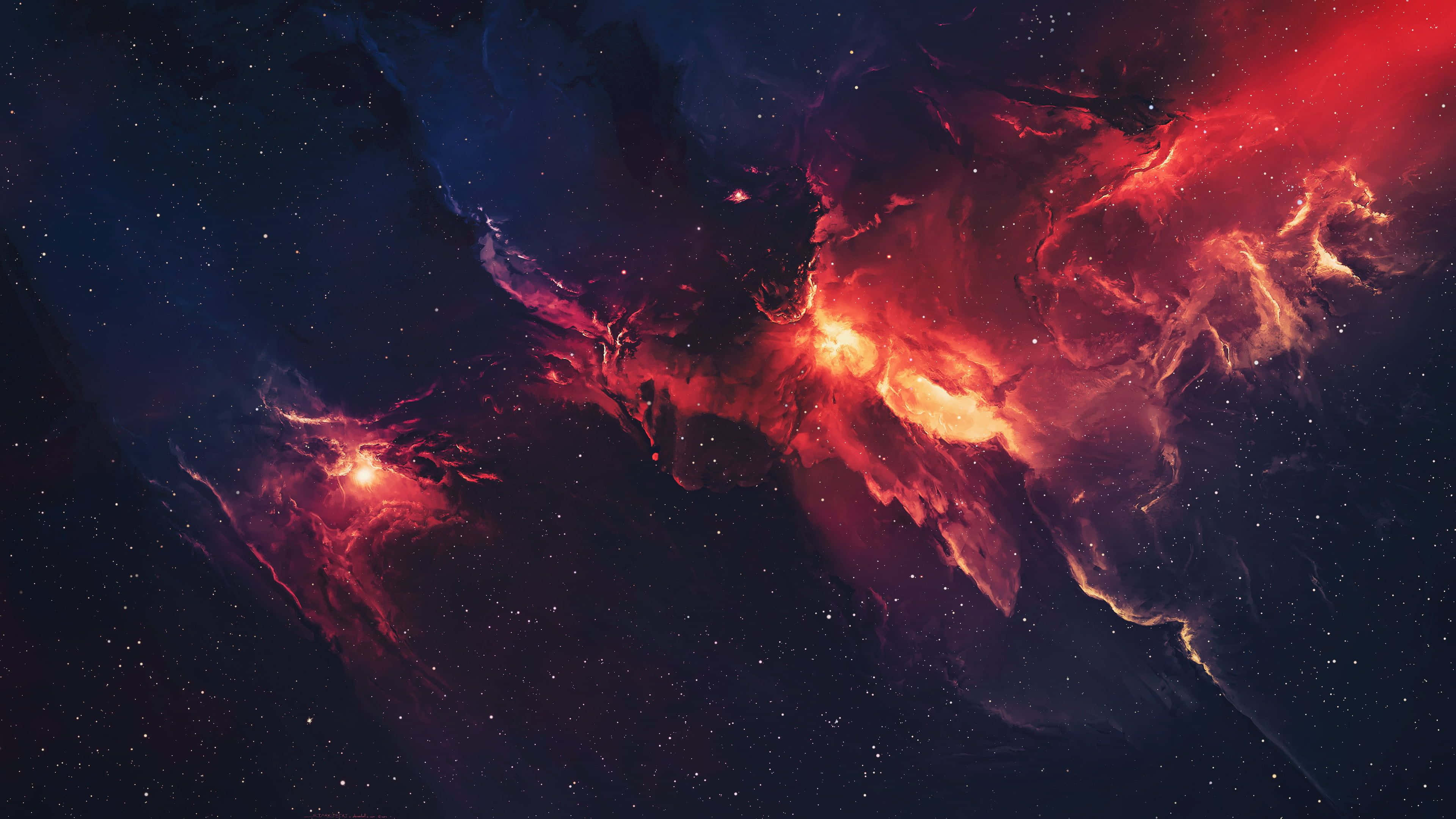 Red Galaxy 桌布 壁紙 — 充滿活力的紅色和藍色宇宙星雲在深邃太空背景下旋轉，伴隨著閃爍的星星。