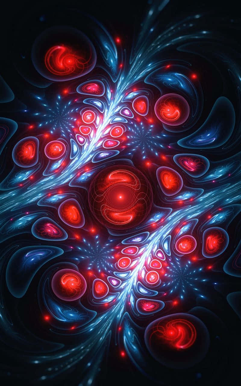 Dark Psychedelic HD 桌布 壁紙 — 充滿活力的紅色和藍色碎形能量漩渦在宇宙數位隧道中形成發光的球體。