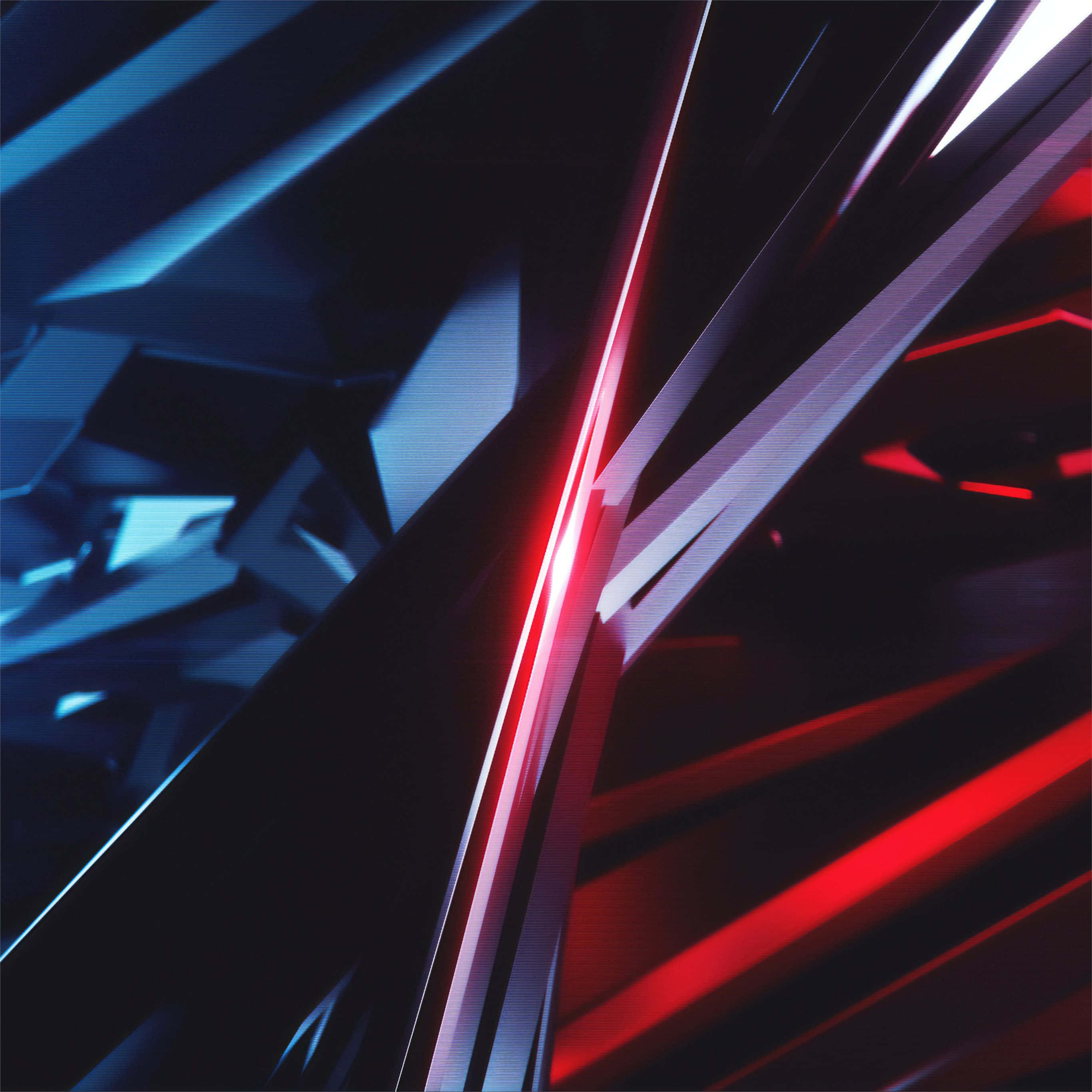 3d Abstract 桌布 壁紙 — 充滿活力的紅色和藍色霓虹燈條紋，以銳利的幾何角度劃過黑暗的抽象數位空間。