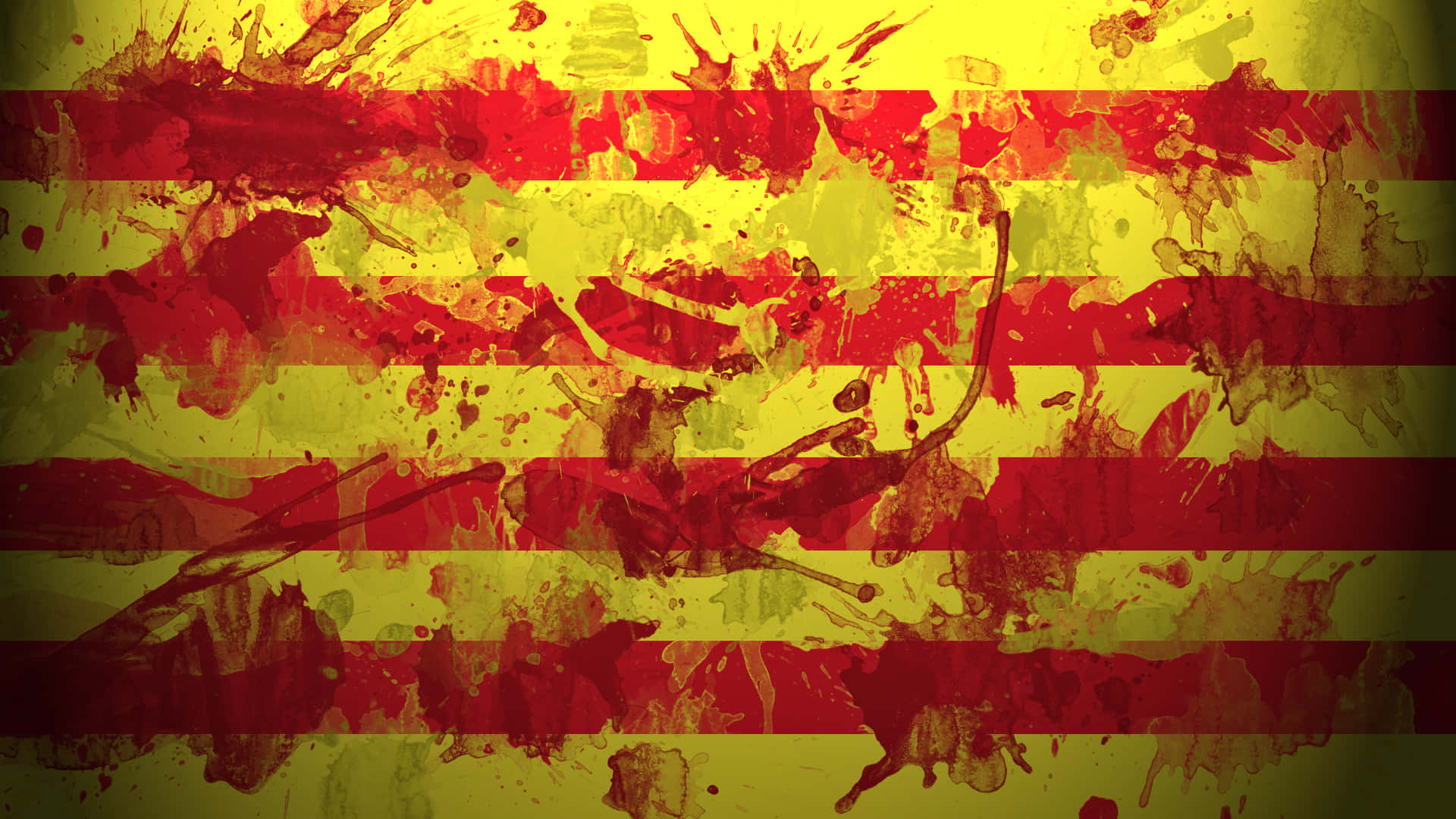Spanish 桌布 壁紙 — 充滿活力的紅色和黃色水平條紋，濺上混亂的油漆筆觸，創造出大膽的抽象旗幟設計。