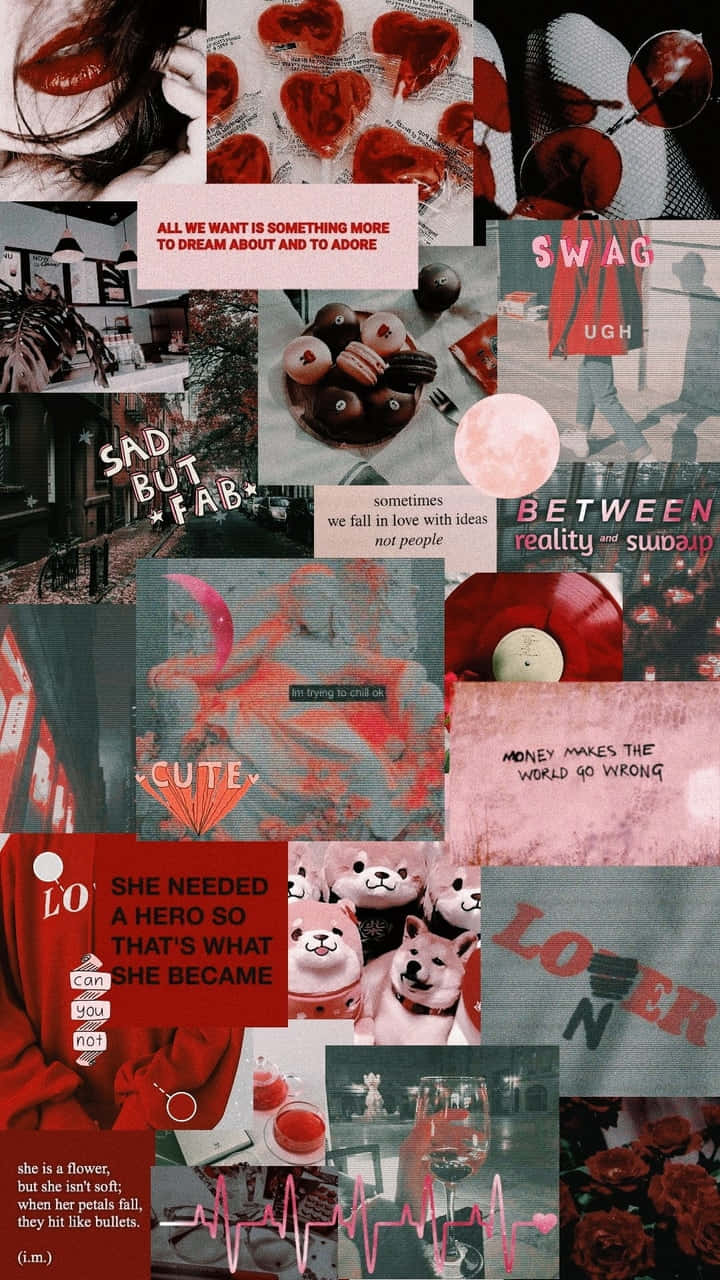 Soft Red Aesthetic 桌布 壁紙 — 充滿活力的紅色和黑色拼貼畫，包含表達愛、憂鬱和自我表達的語錄、照片和插圖。