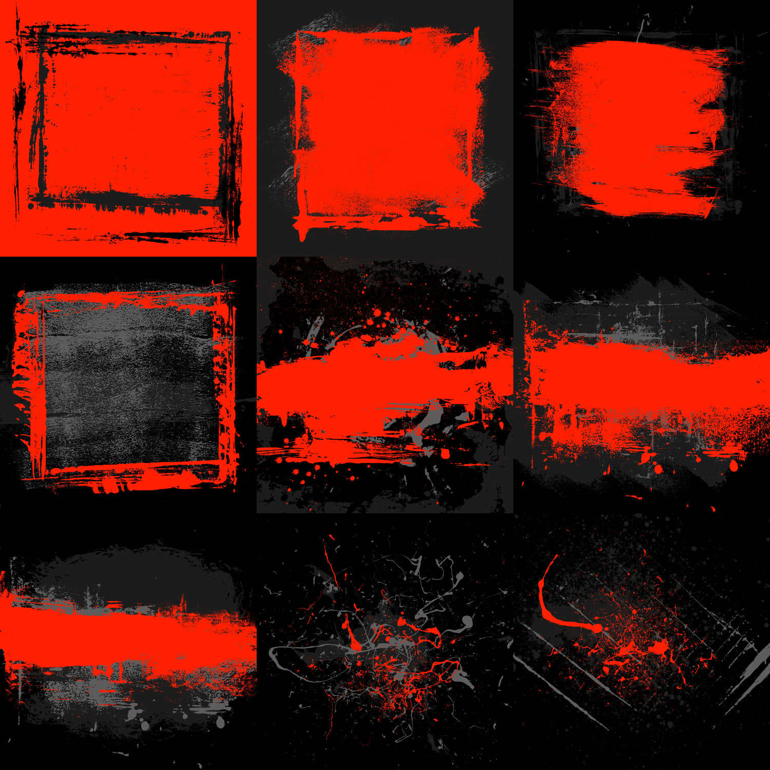 Red Grunge 桌布 壁紙 — 充滿活力的紅色和黑色頹廢紋理，帶有飛濺和粗糙的筆觸，呈網格圖案。