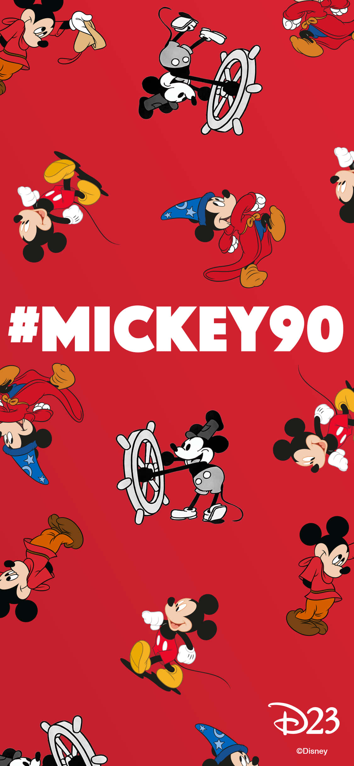 Mickey Mouse Cool 桌布 壁紙 — 充滿活力的紅色壁紙， featuring 俏皮的米奇老鼠穿著各種經典服裝和姿勢慶祝他的90週年。