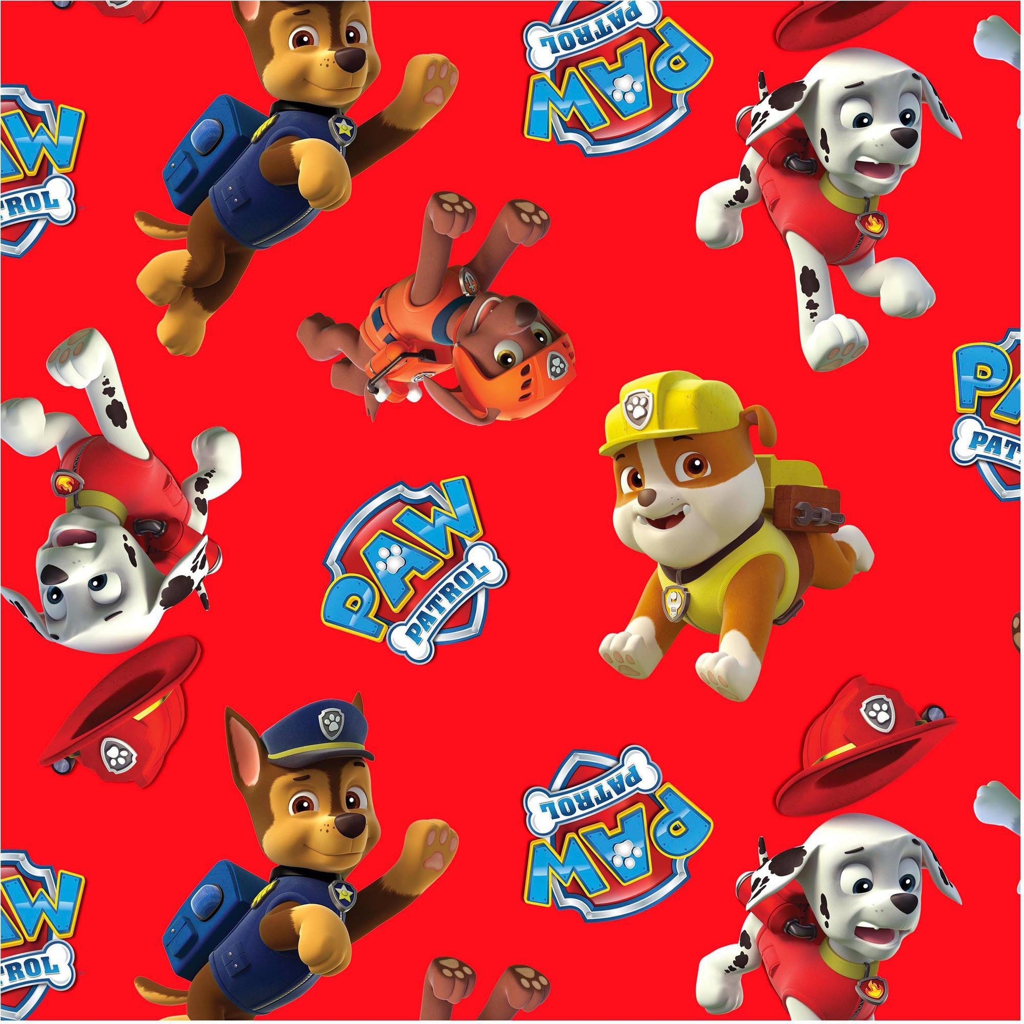 汪汪隊立大功 桌布 壁紙 — 充滿活力的紅色壁紙， featuring 卡通 Paw Patrol 小狗以動態姿勢和重複標誌。