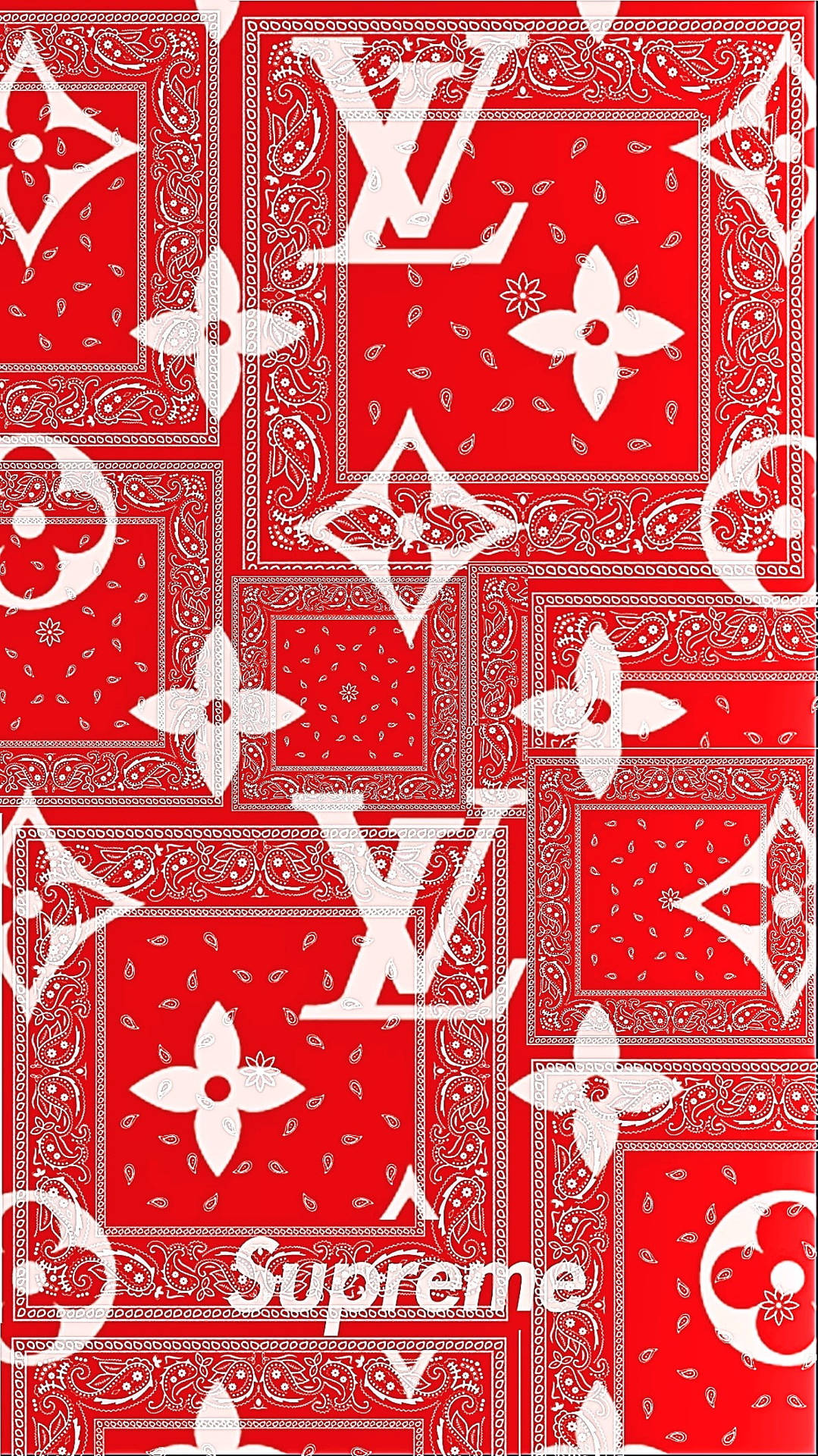紅色和白色的奢華品牌圖案，帶有 Louis Vuitton 和 Supreme 標誌。