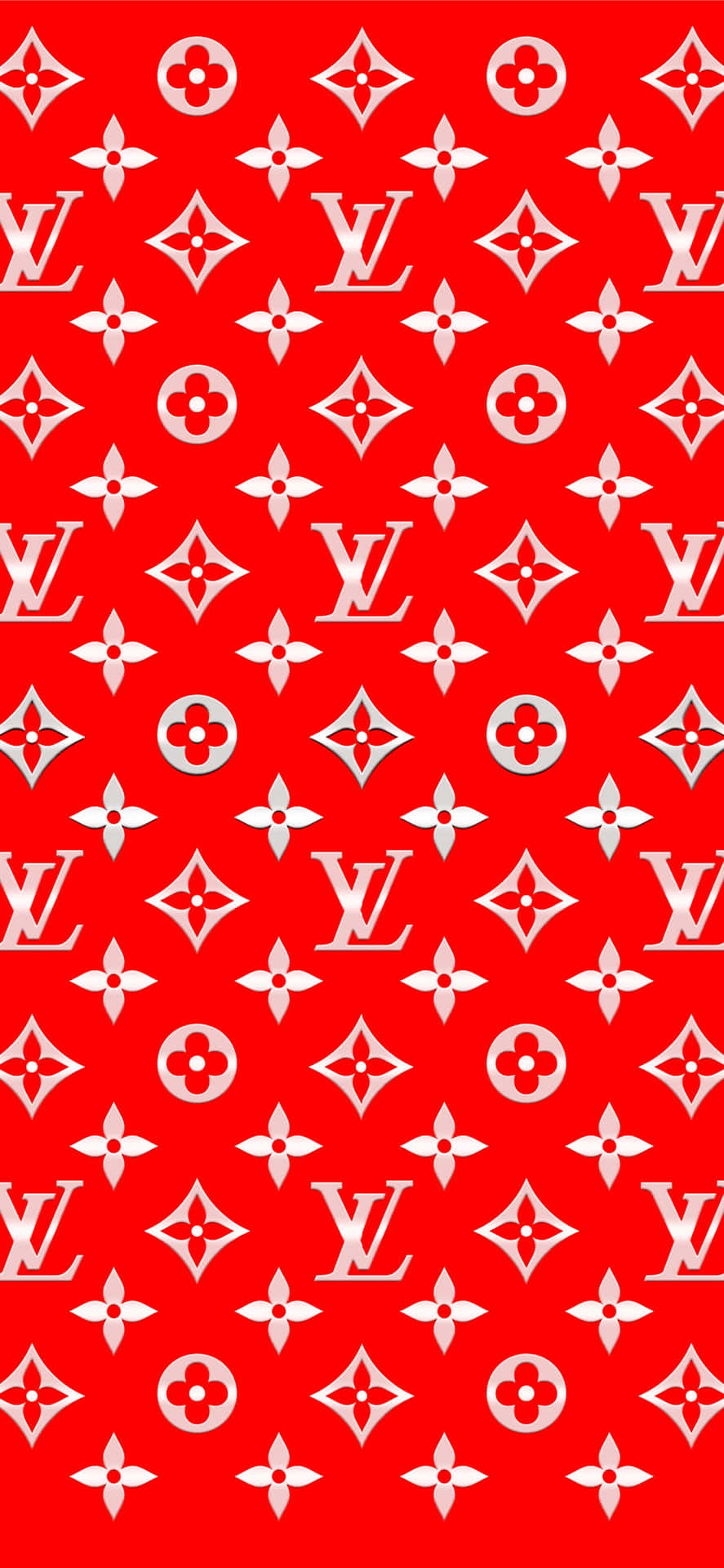 路易威登 桌布 壁紙 — 充滿活力的紅色壁紙，帶有重複的白色Louis Vuitton字母組合和花卉圖案，形成無縫圖案。