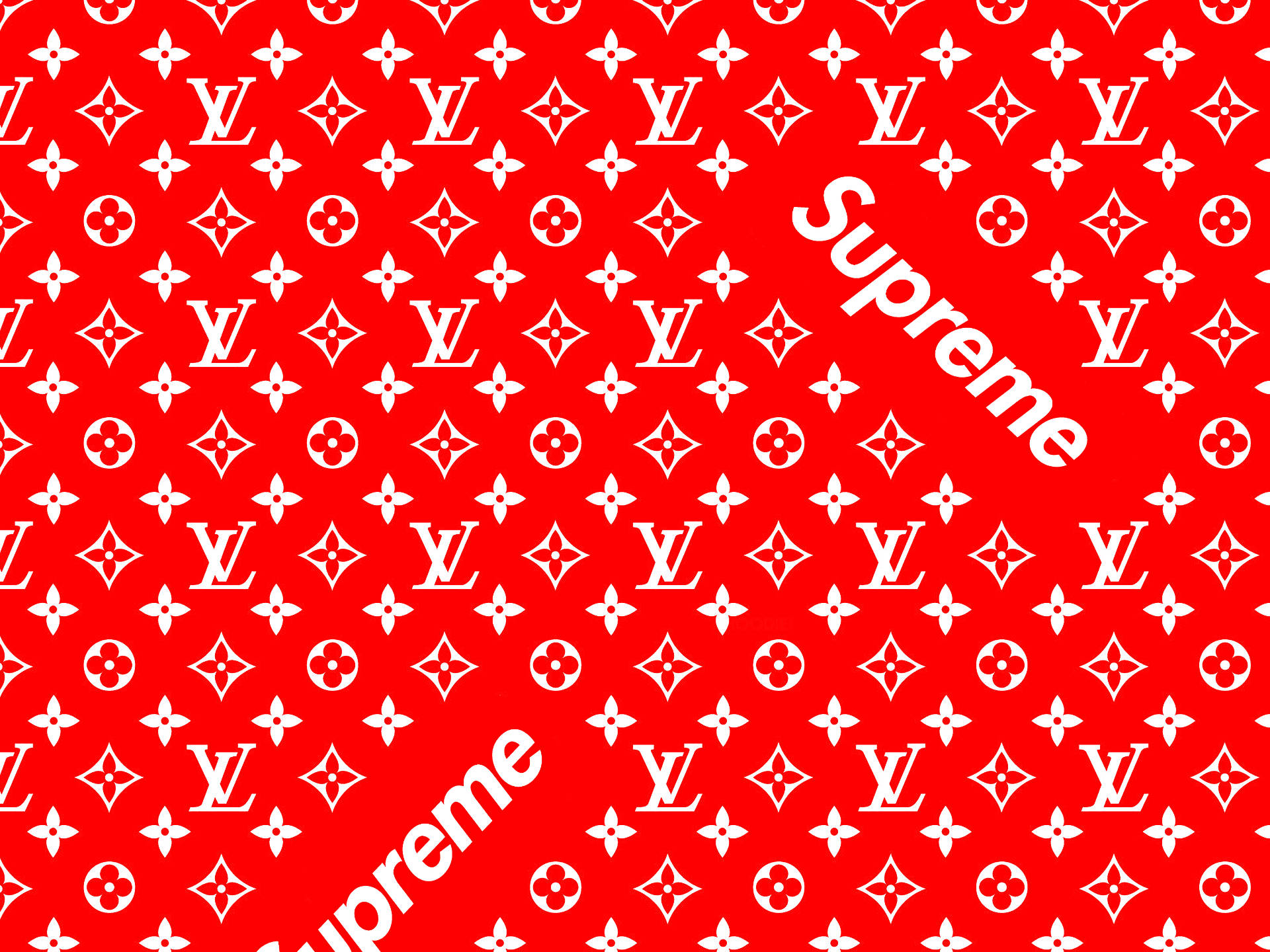 supreme 桌布 壁紙 — 充滿活力的紅色壁紙，帶有重複的白色Louis Vuitton字母組合和對角線Supreme標誌。