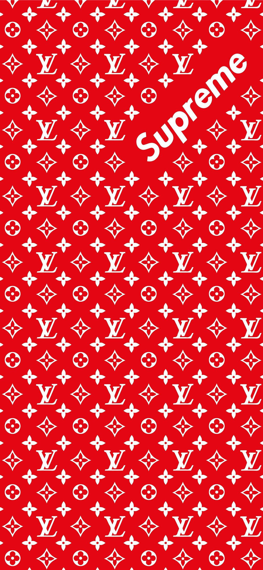 紅色背景，帶有白色 Louis Vuitton 字母組合和對角 Supreme 標誌。