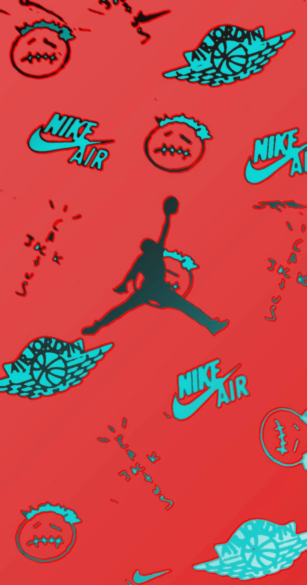 Nike 桌布 壁紙 — 充滿活力的紅色壁紙，帶有重複的青色Nike Air Jordan標誌和卡通面孔，採用塗鴉風格。