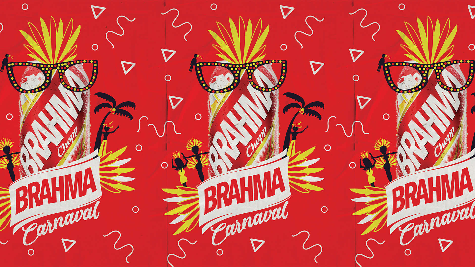 標誌 桌布 壁紙 — 充滿活力的紅色壁紙，重複出現 Brahma Chopp Carnaval 啤酒瓶，搭配太陽眼鏡、棕櫚樹和節日剪影，背景為大膽的幾何圖案。
