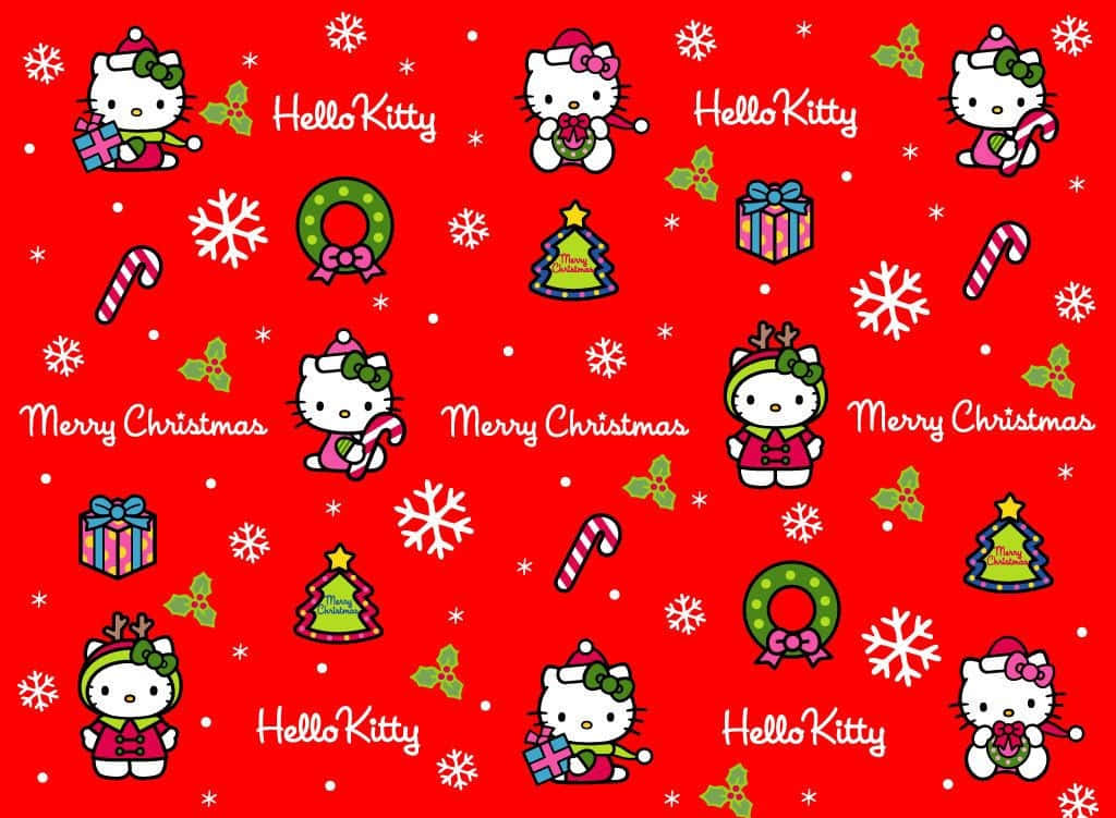 Hello Kitty Christmas 桌布 壁紙 — 充滿活力的紅色壁紙，重複出現穿著節日聖誕服裝的Hello Kitty，配有雪花、拐杖糖和花環。