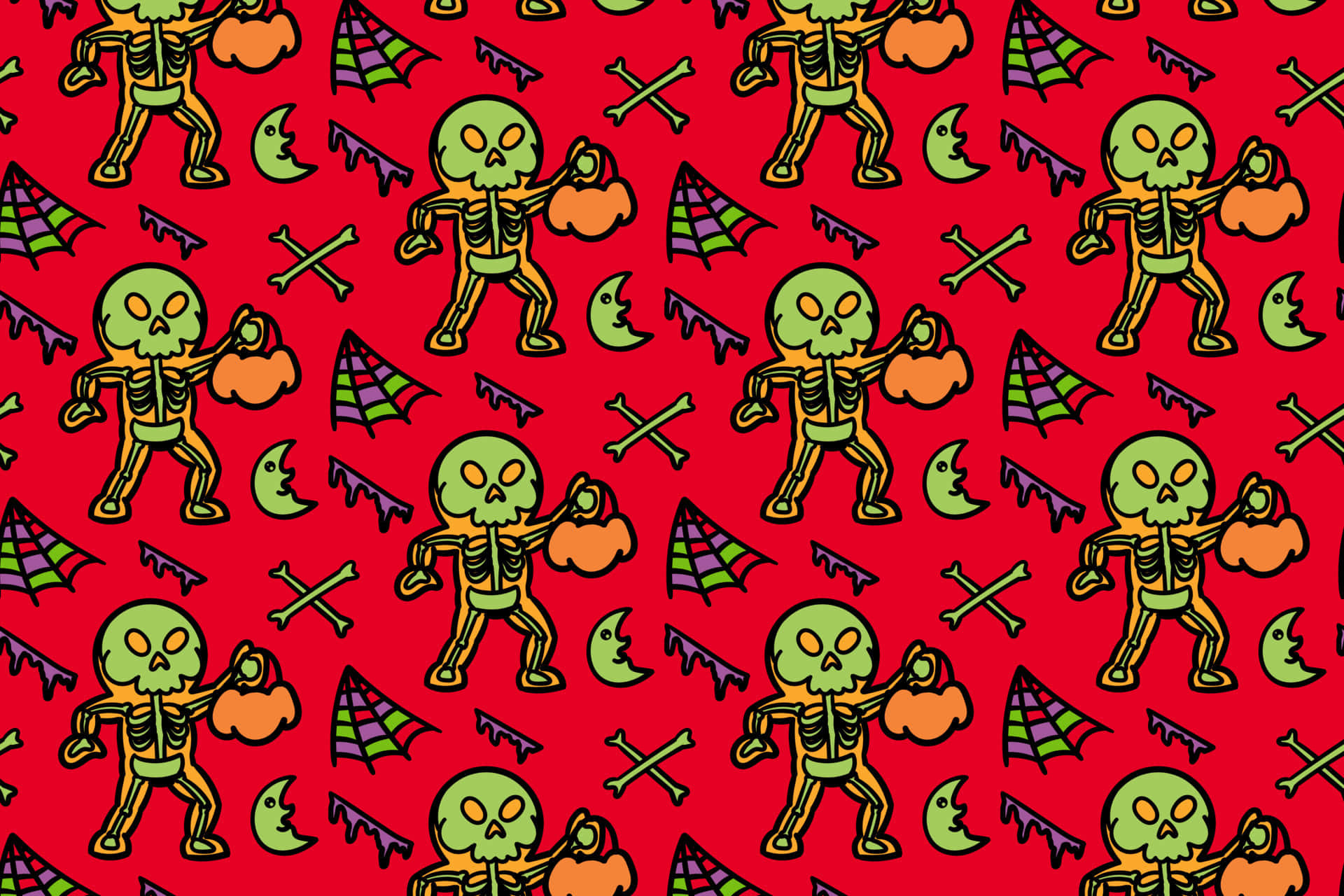 Skeleton Costumes 桌布 壁紙 — 充滿活力的紅色壁紙圖案，綠色卡通骷髏拿著南瓜，蝙蝠和十字架散落在各處。