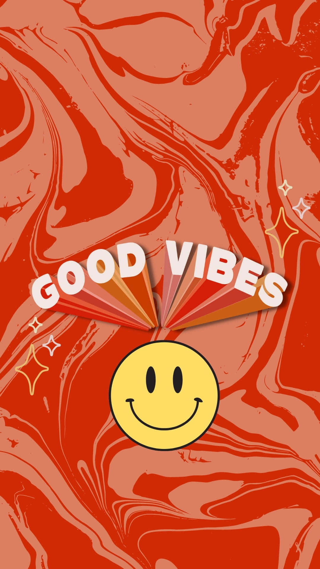 graphic art 桌布 壁紙 — 充滿活力的紅色大理石紋背景上有一個黃色笑臉和帶有星星點綴的「GOOD VIBES」文字。