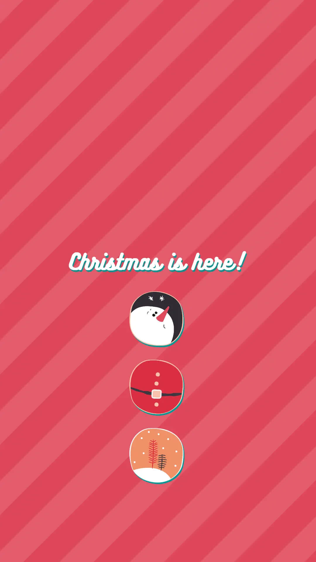 Cute Simple Christmas 桌布 壁紙 — 充滿活力的紅色對角條紋壁紙，帶有三個節日圖標和文字，宣佈聖誕節來了。