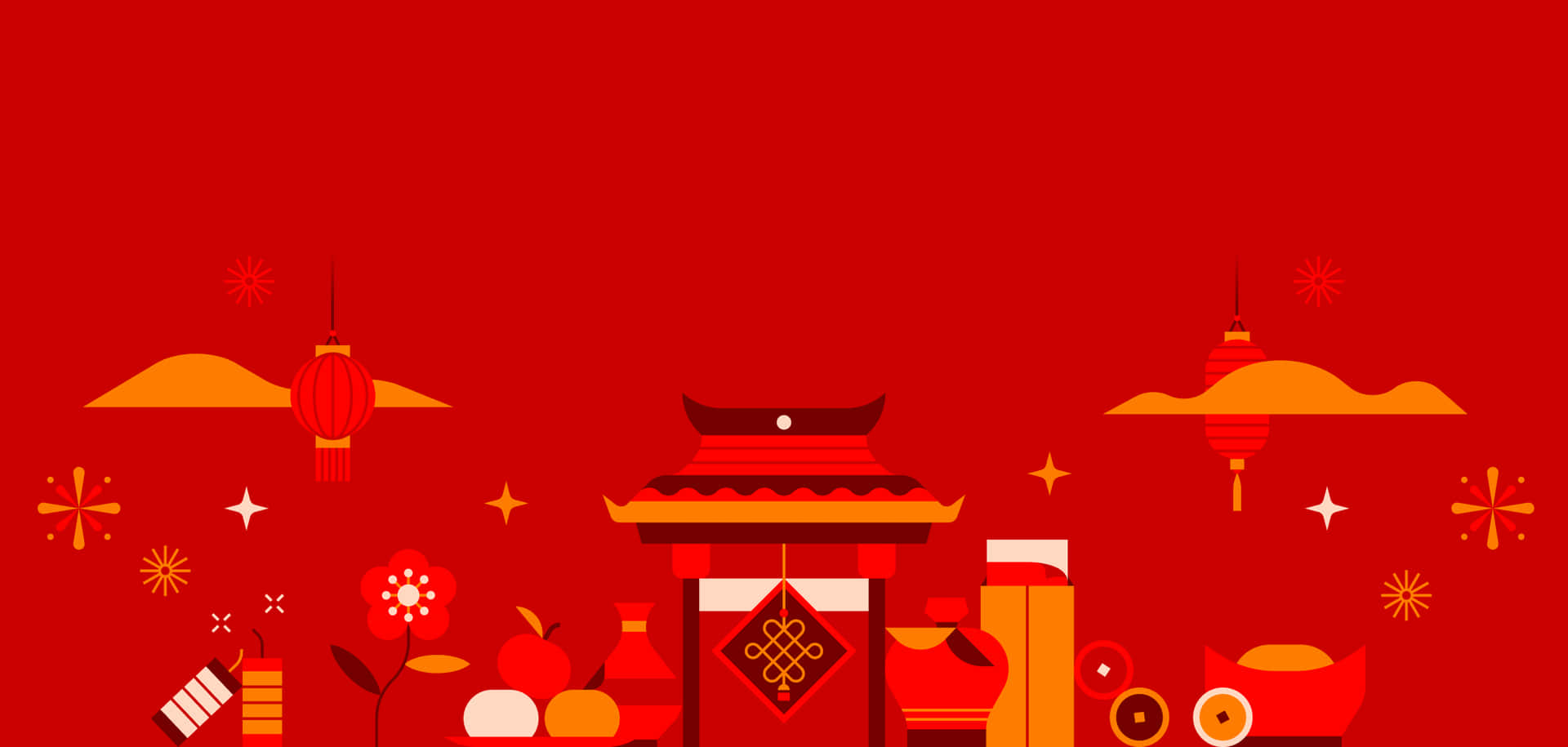 新年 桌布 壁紙 — 充滿活力的紅色平面插圖，描繪農曆新年，帶有燈籠、傳統建築和節日裝飾。