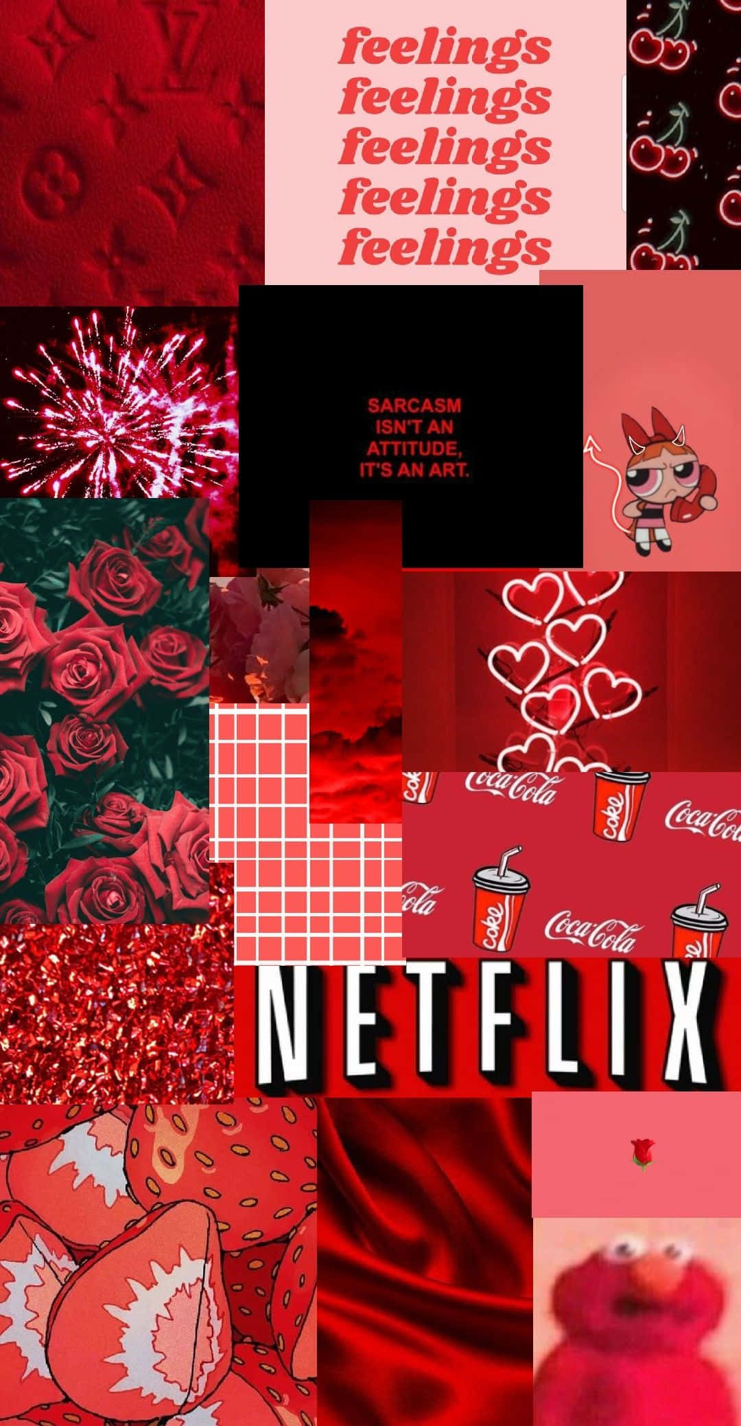 Aesthetic Red 桌布 壁紙 — 充滿活力的紅色拼貼壁紙，包含玫瑰、煙火、櫻桃、Netflix標誌和卡通人物。