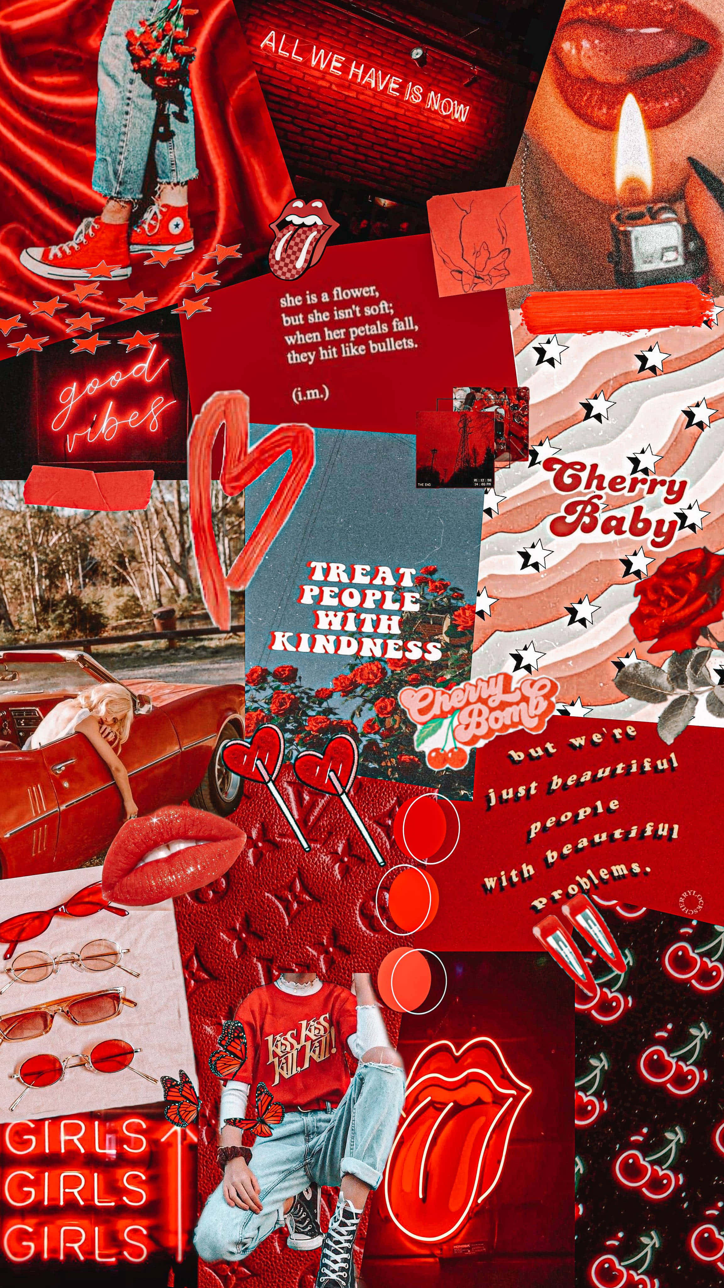 Red Collage 桌布 壁紙 — 充滿活力的紅色拼貼壁紙，飾有櫻桃、嘴唇、火焰和文字片段，帶有叛逆年輕的美學風格。