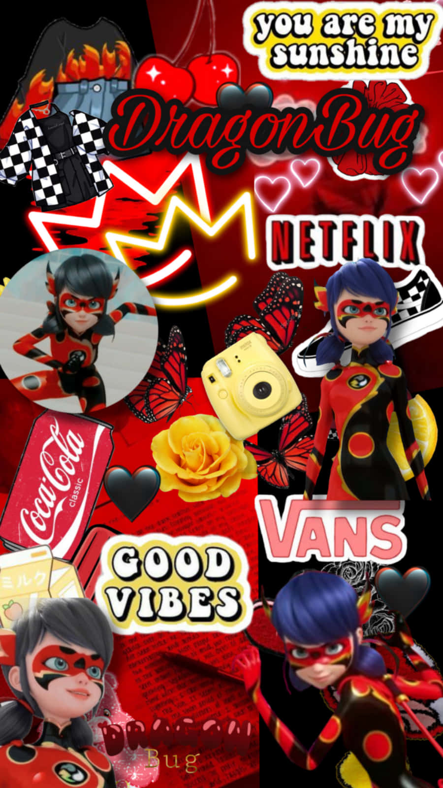 Cartoon 桌布 壁紙 — 充滿活力的紅色拼貼畫， featuring Ladybug 角色、蝴蝶、黃玫瑰、可口可樂和 Netflix 品牌，帶有 'Good Vibes' 文字。