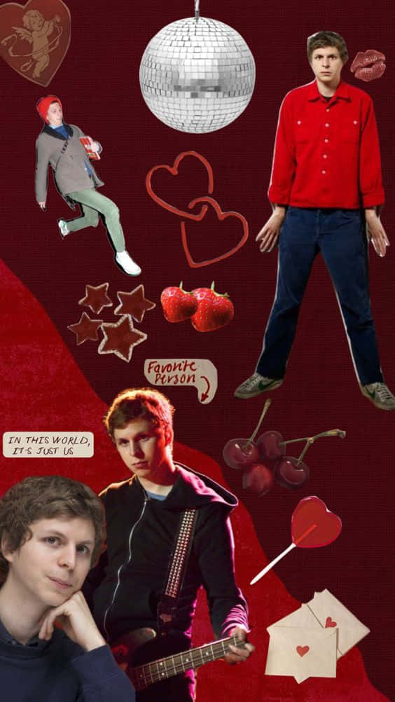 michael cera 桌布 壁紙 — 充滿活力的紅色拼貼畫，包含三個男人、一個迪斯科球、草莓、櫻桃、心形和浪漫的文字元素。