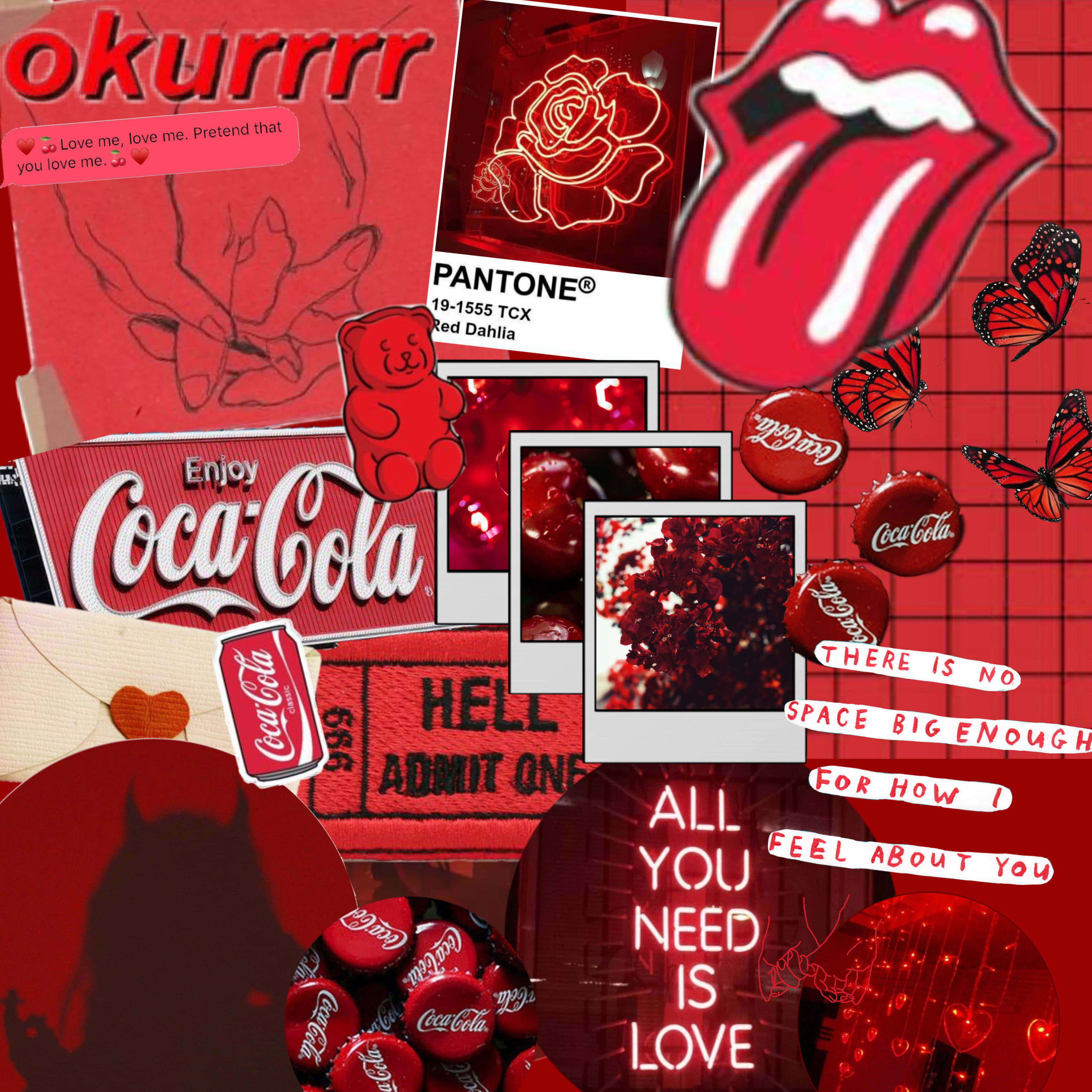 Red Collage 桌布 壁紙 — 充滿活力的紅色拼貼畫，包含可口可樂品牌、滾石樂隊嘴唇、蝴蝶和愛情主題文字。