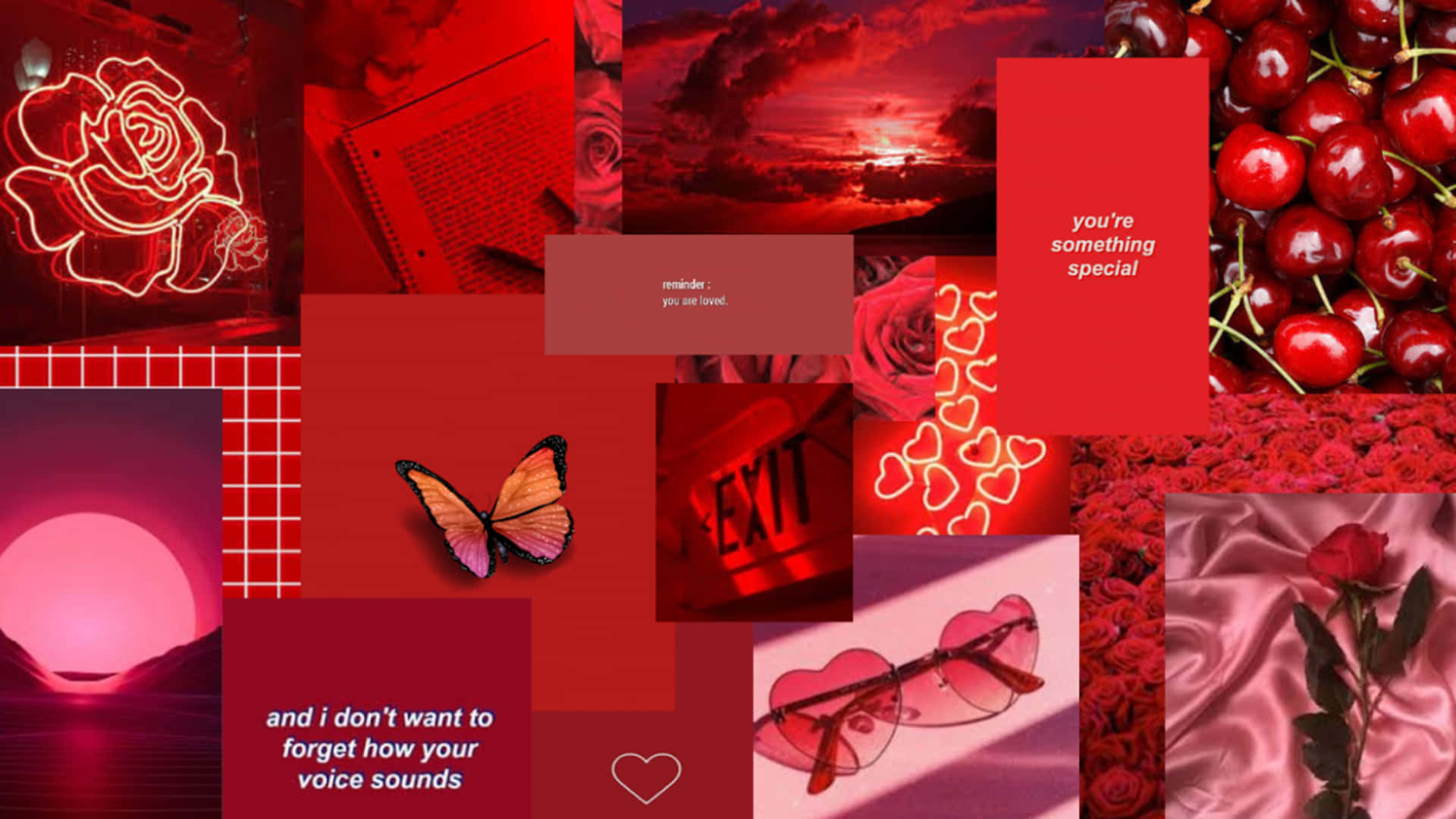 Red Collage 桌布 壁紙 — 充滿活力的紅色拼貼畫，包含玫瑰、櫻桃、蝴蝶和霓虹燈，並帶有浪漫文字疊加。