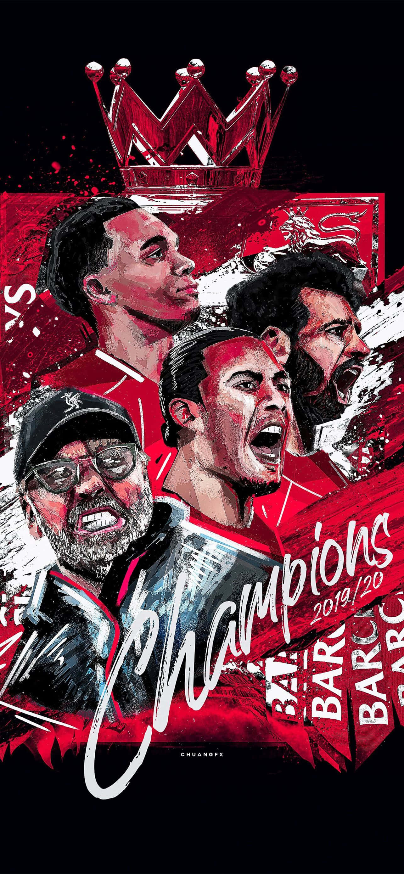 Football Players 桌布 壁紙 — 充滿活力的紅色插圖海報，慶祝利物浦足球俱樂部2019/20賽季歐冠聯賽勝利，描繪了咆哮的球員和皇冠。