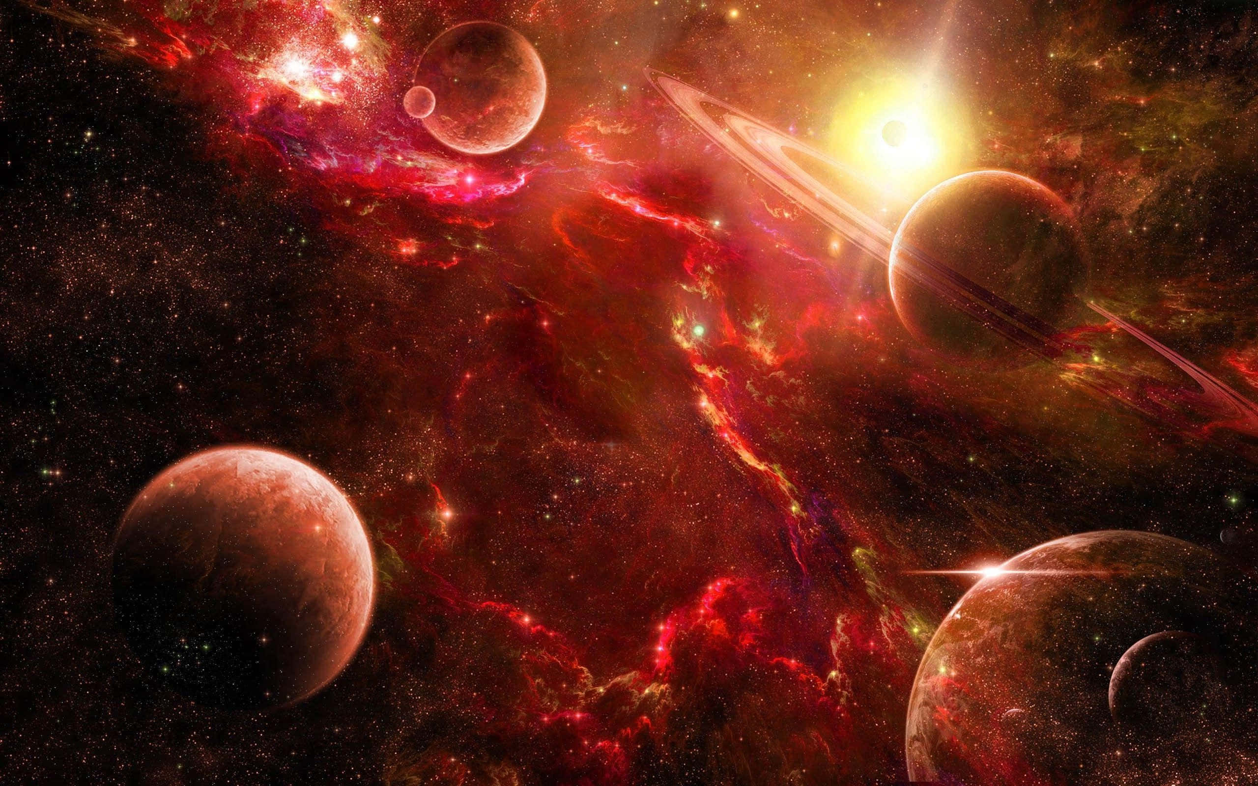 Deep Space 桌布 壁紙 — 充滿活力的紅色星雲圍繞著發光的行星和一顆明亮的恆星旋轉，構成宇宙場景。