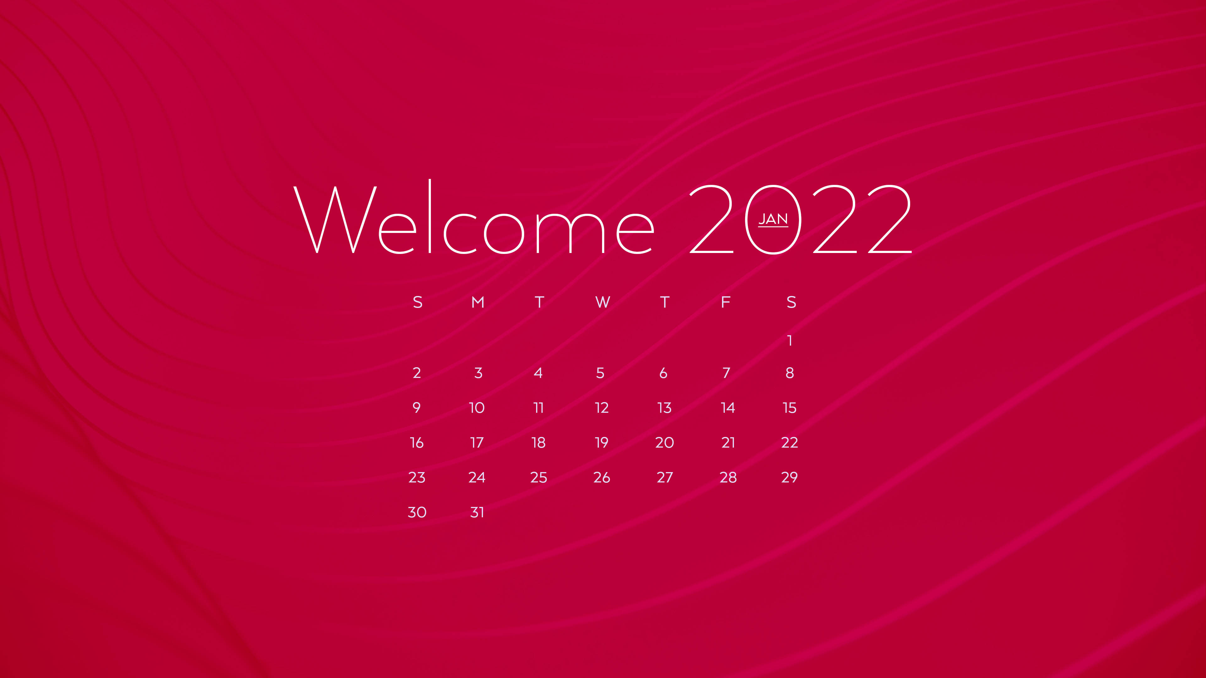 Calendar 桌布 壁紙 — 充滿活力的紅色桌布，帶有流暢曲線，以清晰的白色文字展示簡約日曆，迎接2022年。
