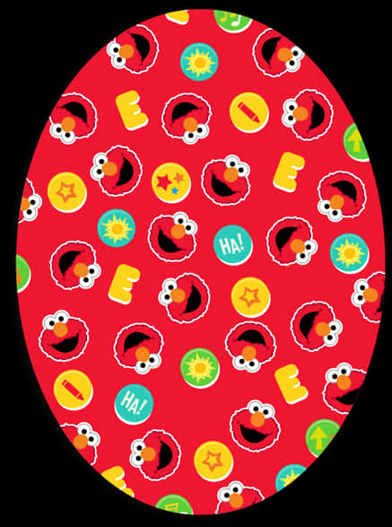 Elmo 桌布 壁紙 — 充滿活力的紅色橢圓形壁紙，上面有重複的 Elmo 面孔和色彩繽紛的趣味圖標，如星星和字母。
